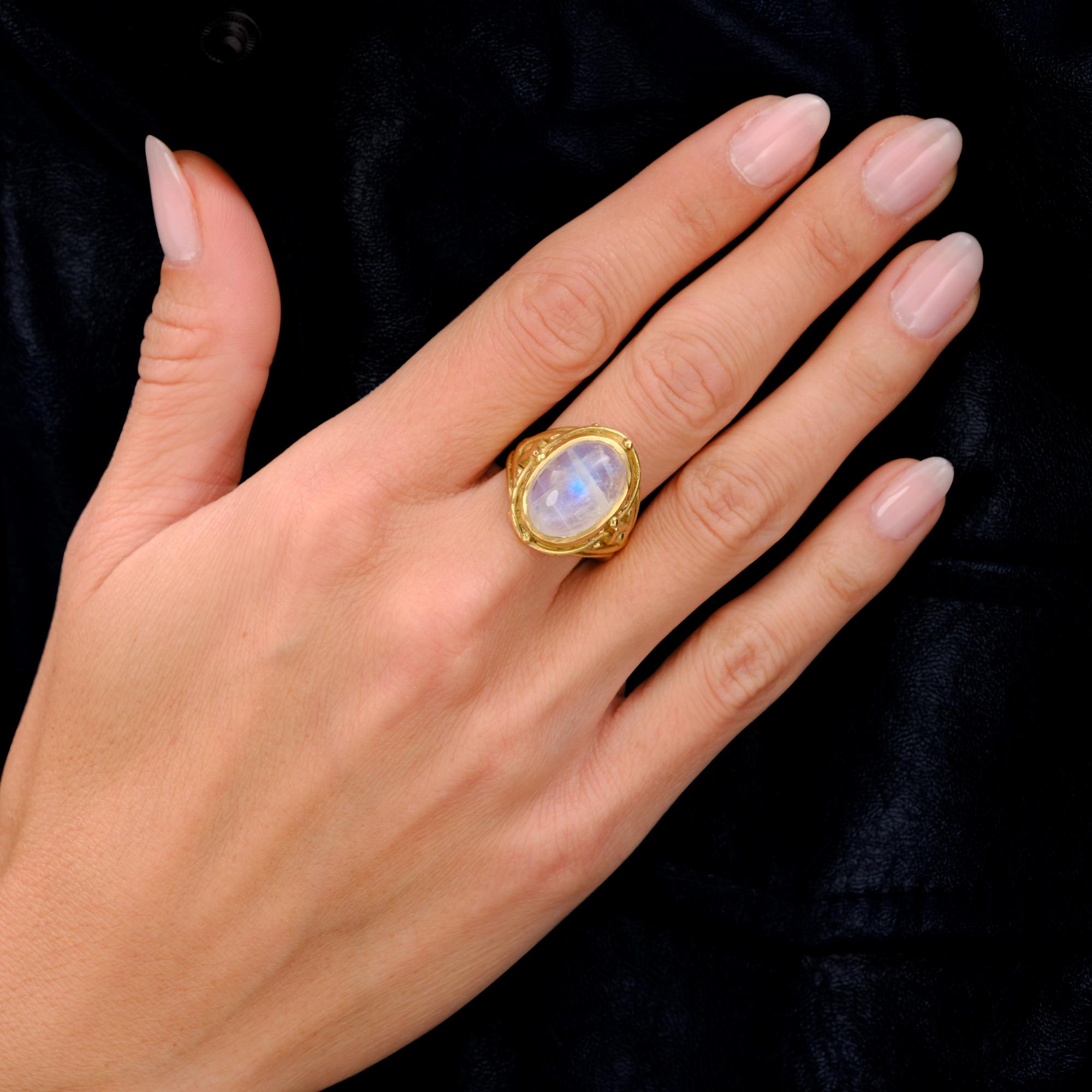 Art Nouveau Revival Rainbow Moonstone 18k Gold Handmade Ring