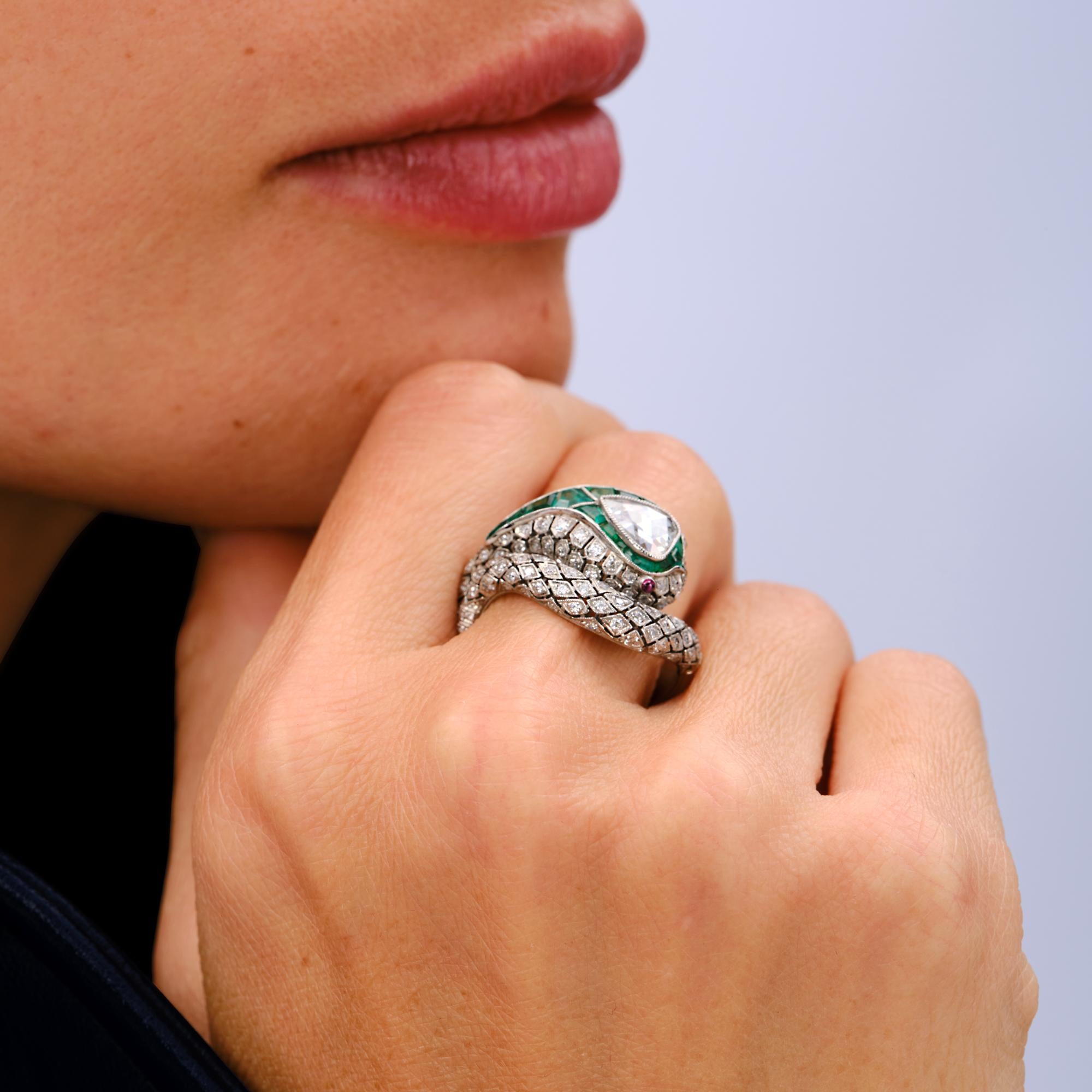 Rose Cut Diamond Emerald Egyptian Revival Snake Statement Cocktail Ring