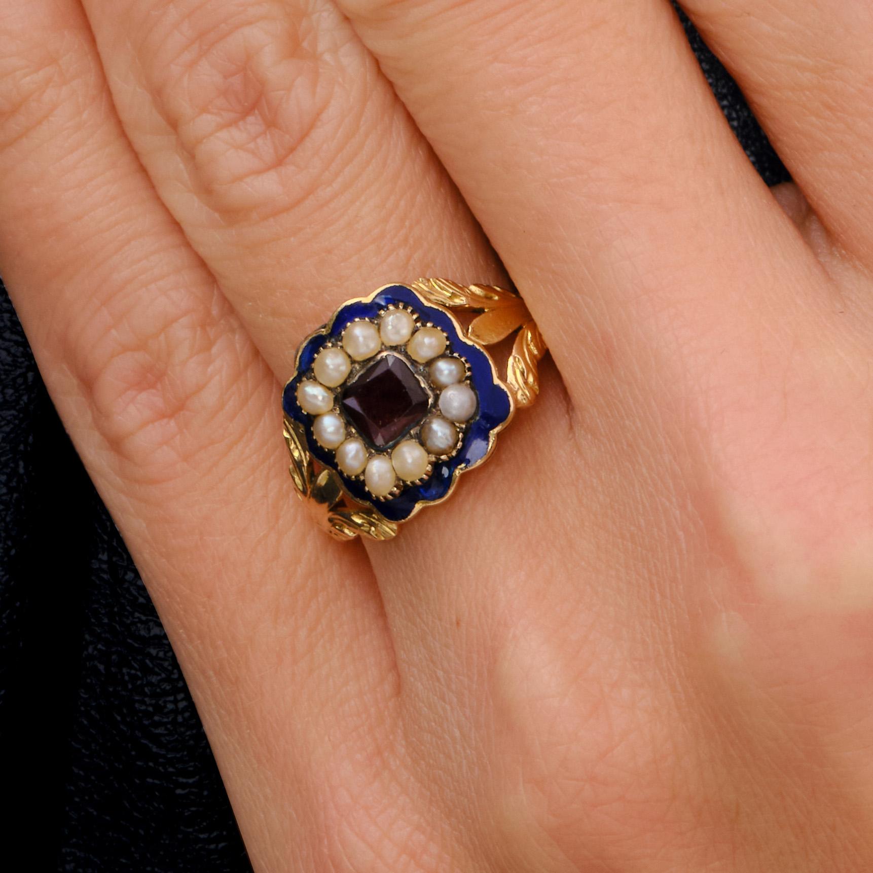 Antique Georgian Garnet Pearl & Enamel Mourning Ring, 1820