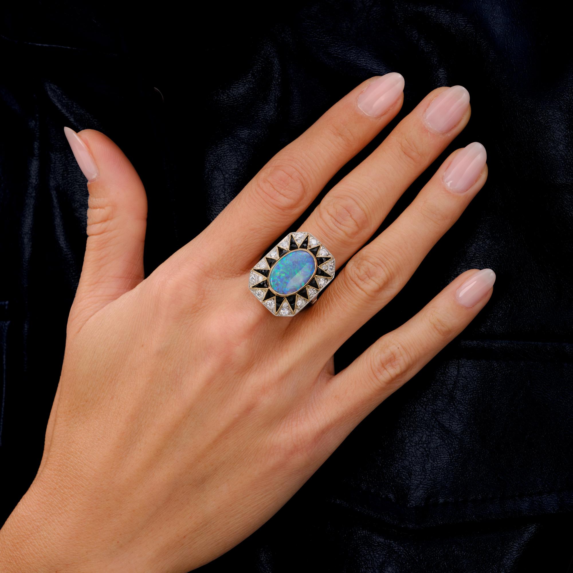 4.10 Carat Black Opal Diamond & Onyx Art Deco Style Cocktail Ring