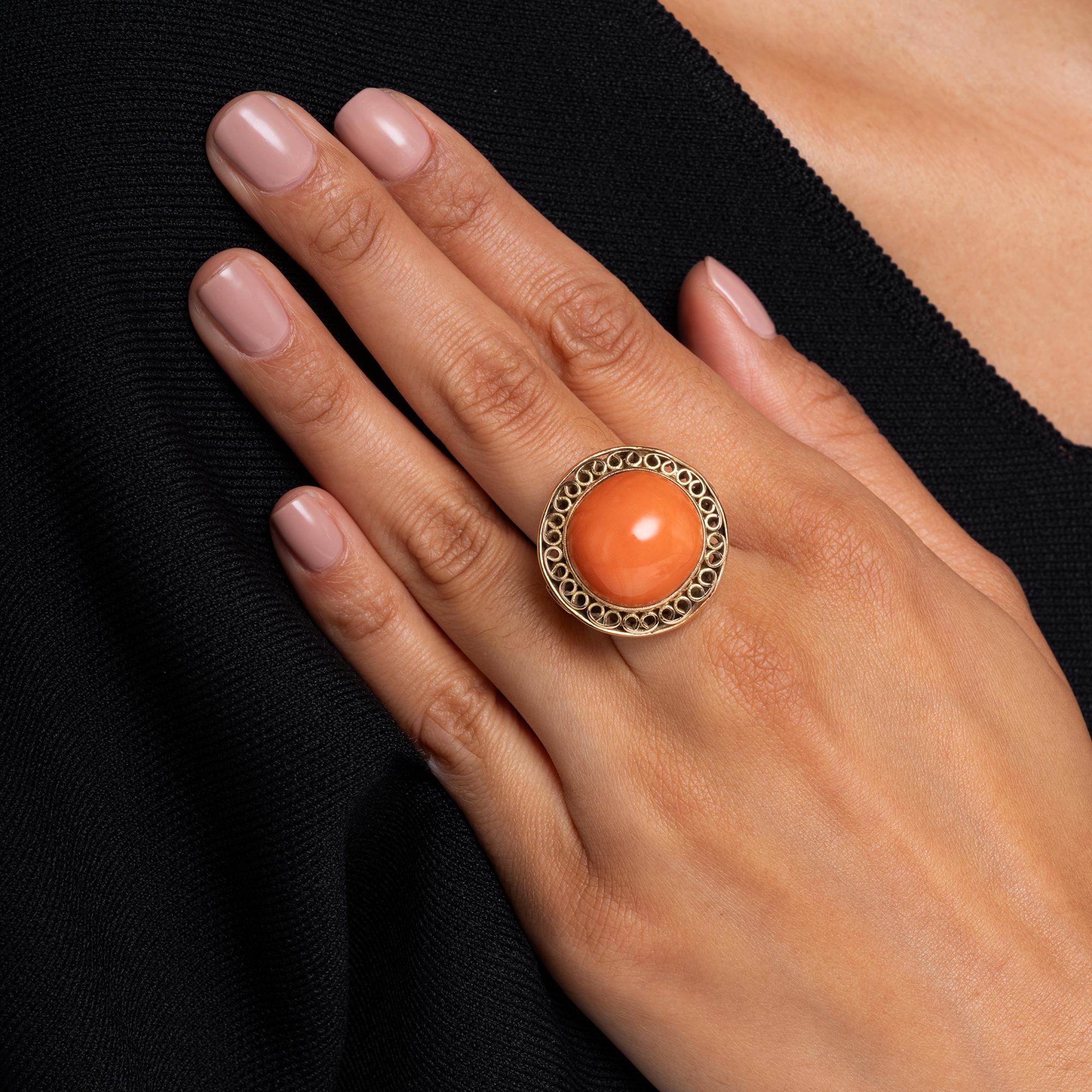 Retro 1940s Coral Cabochon 14k Yellow Gold Filigree Dome Cocktail Ring