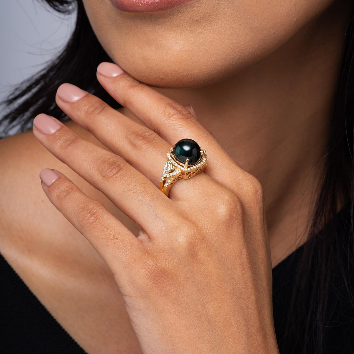 Vintage 14k Gold 9.62 Carat Cat's Eye Indicolite Tourmaline & Diamond Ring