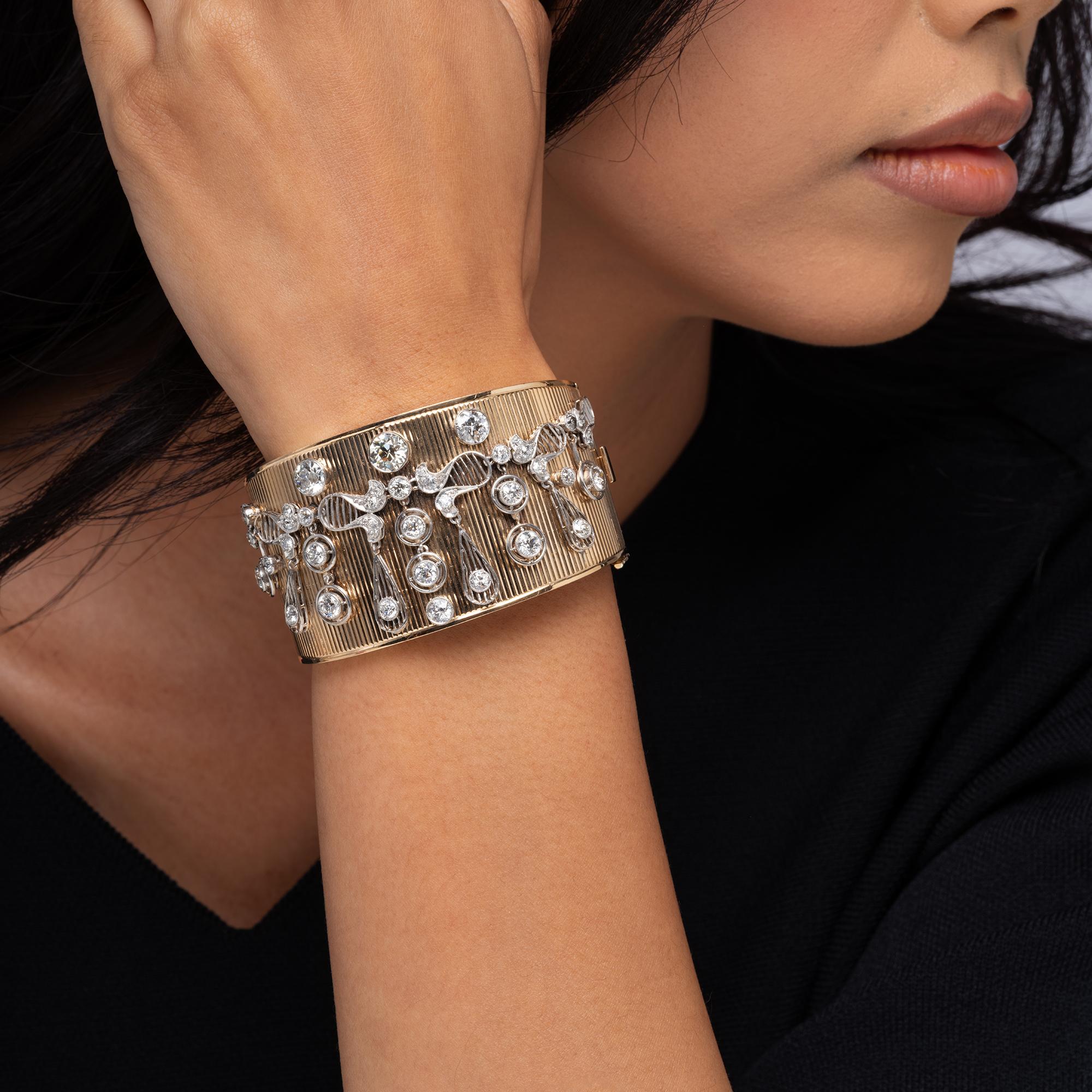 Retro 7 Carat Old European Diamond Wide Cuff Bangle Bracelet