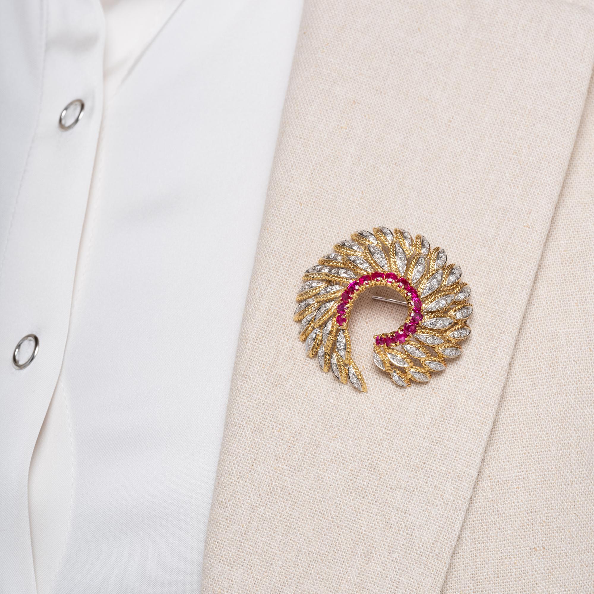 Vintage 1940s Retro Ruby & Diamond Swirling 18K Gold Brooch Pin