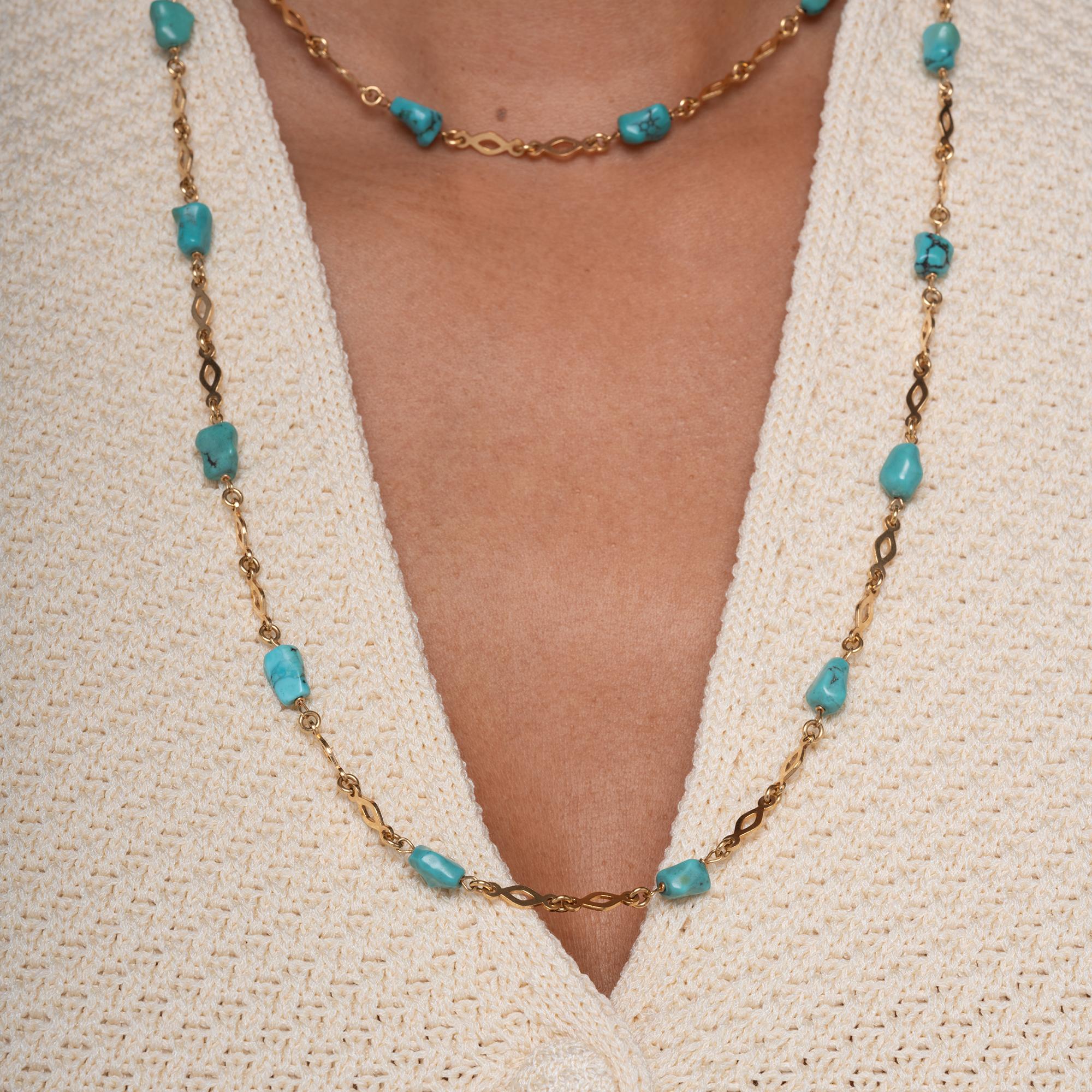 Retro 1940's Nugget Turquoise & 18 Karat Gold Long Station Necklace