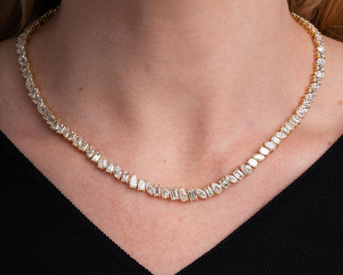 Mixed Cut 29 Carat Diamond Yellow Gold Tennis Necklace