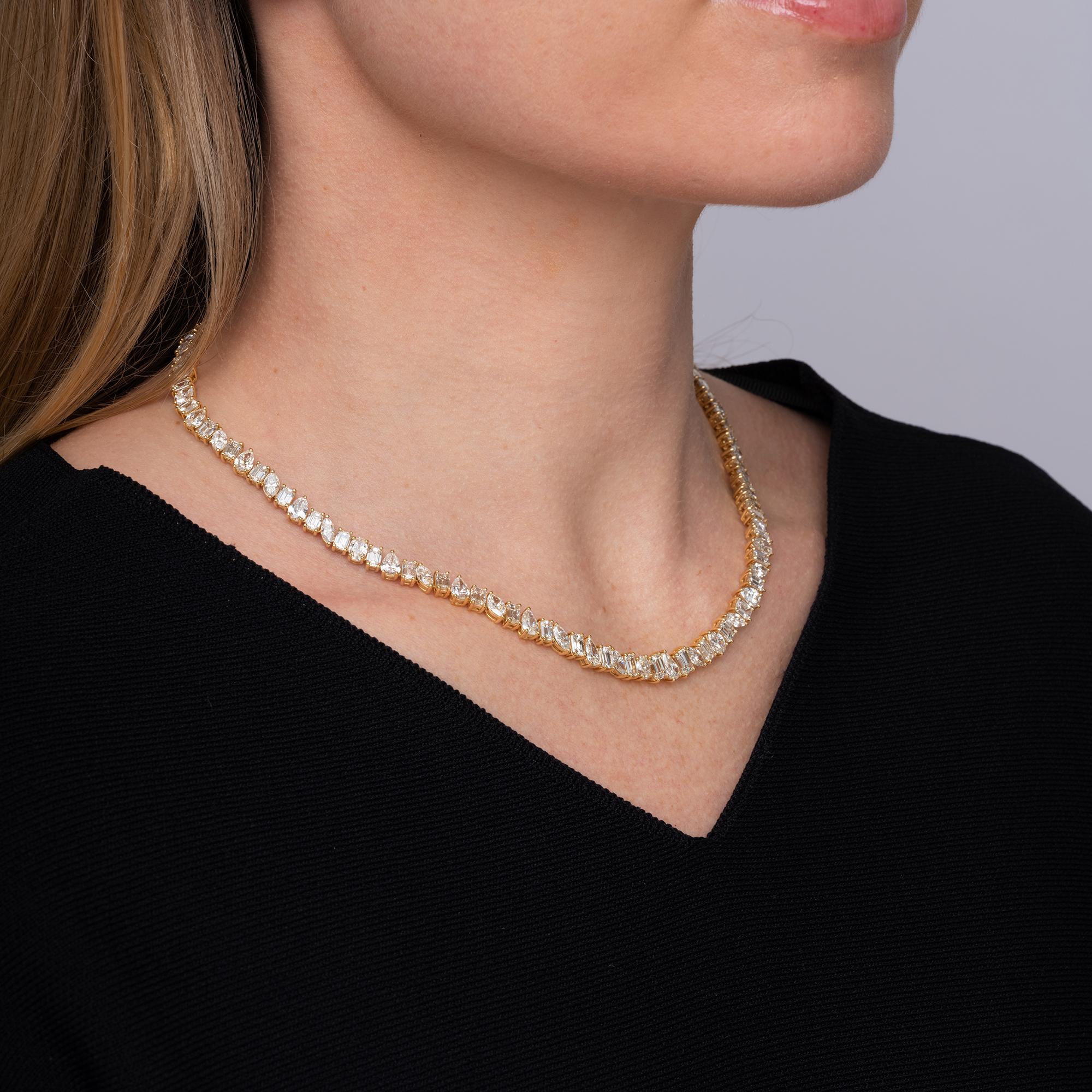 Mixed Cut 29 Carat Diamond Yellow Gold Tennis Necklace