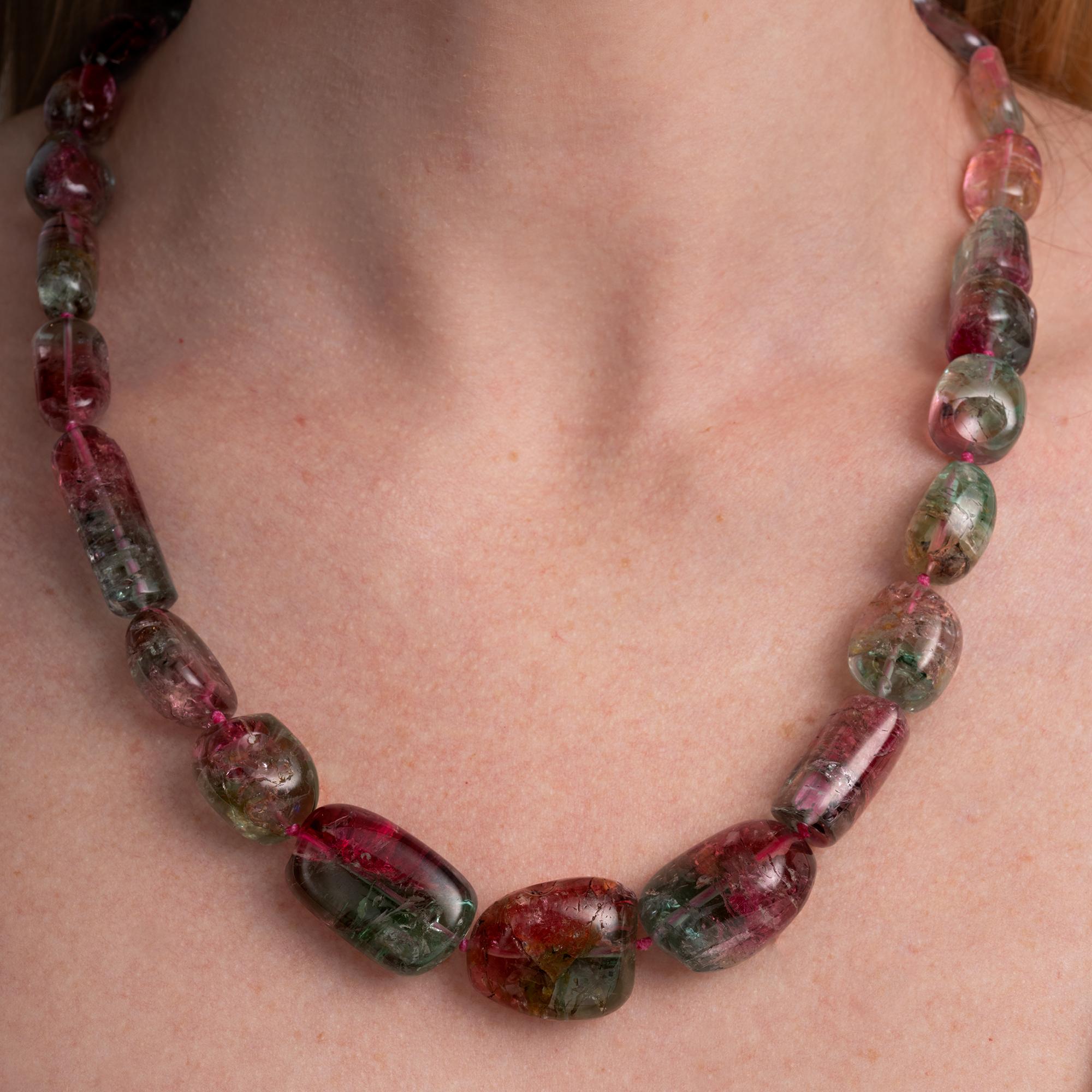 Multicolor Watermelon Tourmaline Beads Necklace 18k Gold 21"