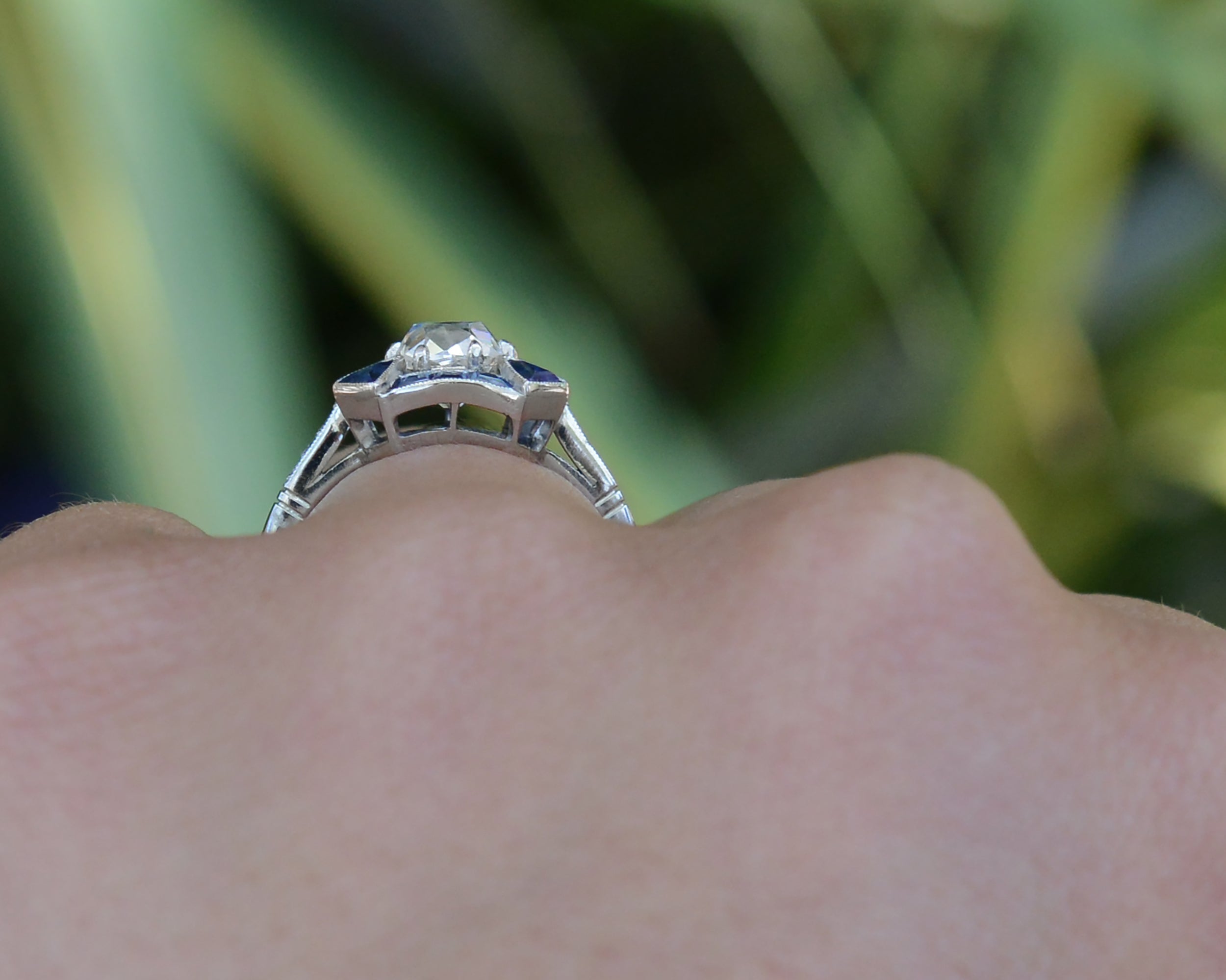 Antique 1.11 Carat Old Mine Diamond & Sapphire Engagement Ring