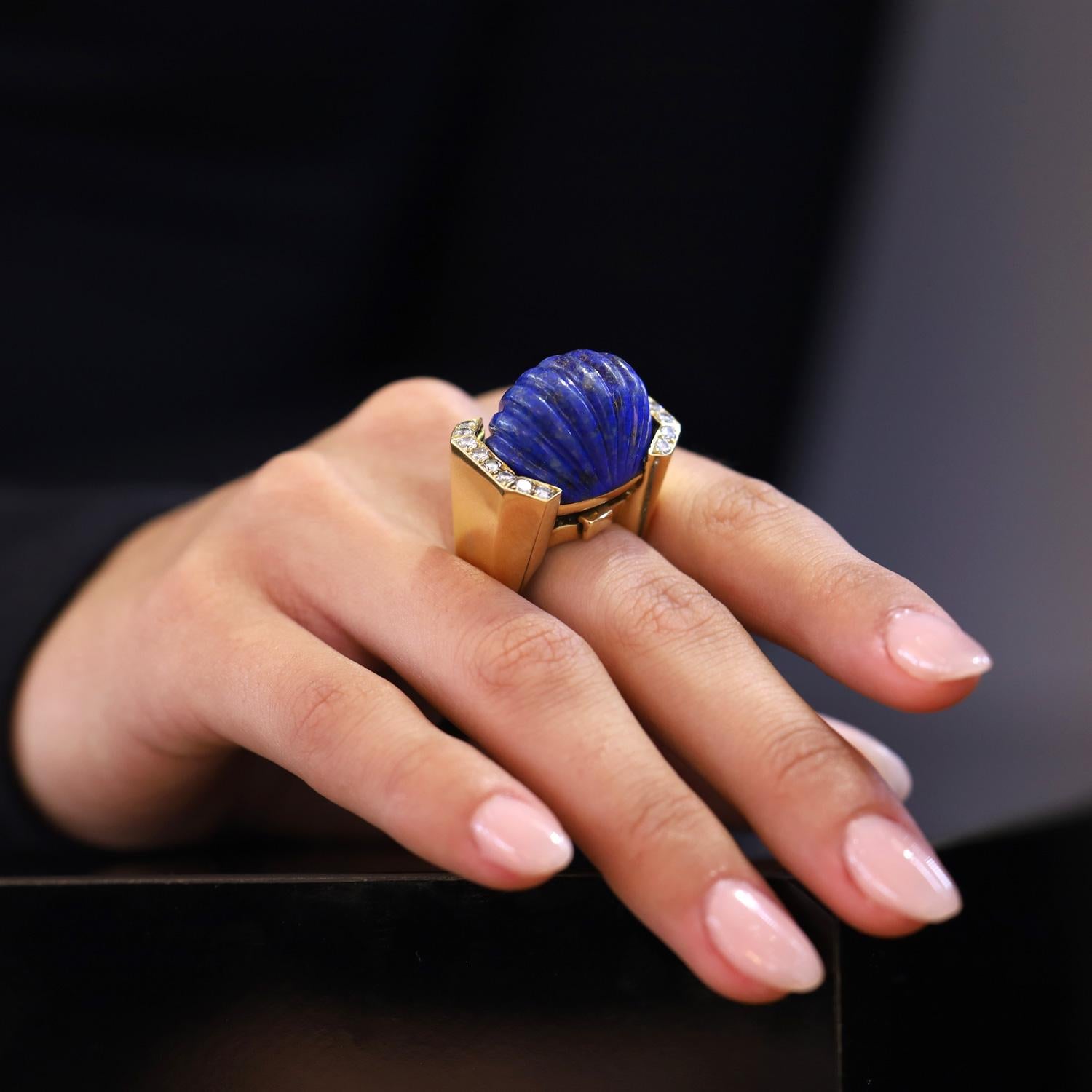 Vintage David Webb Carved Lapis & Diamond 18k Dome Ring
