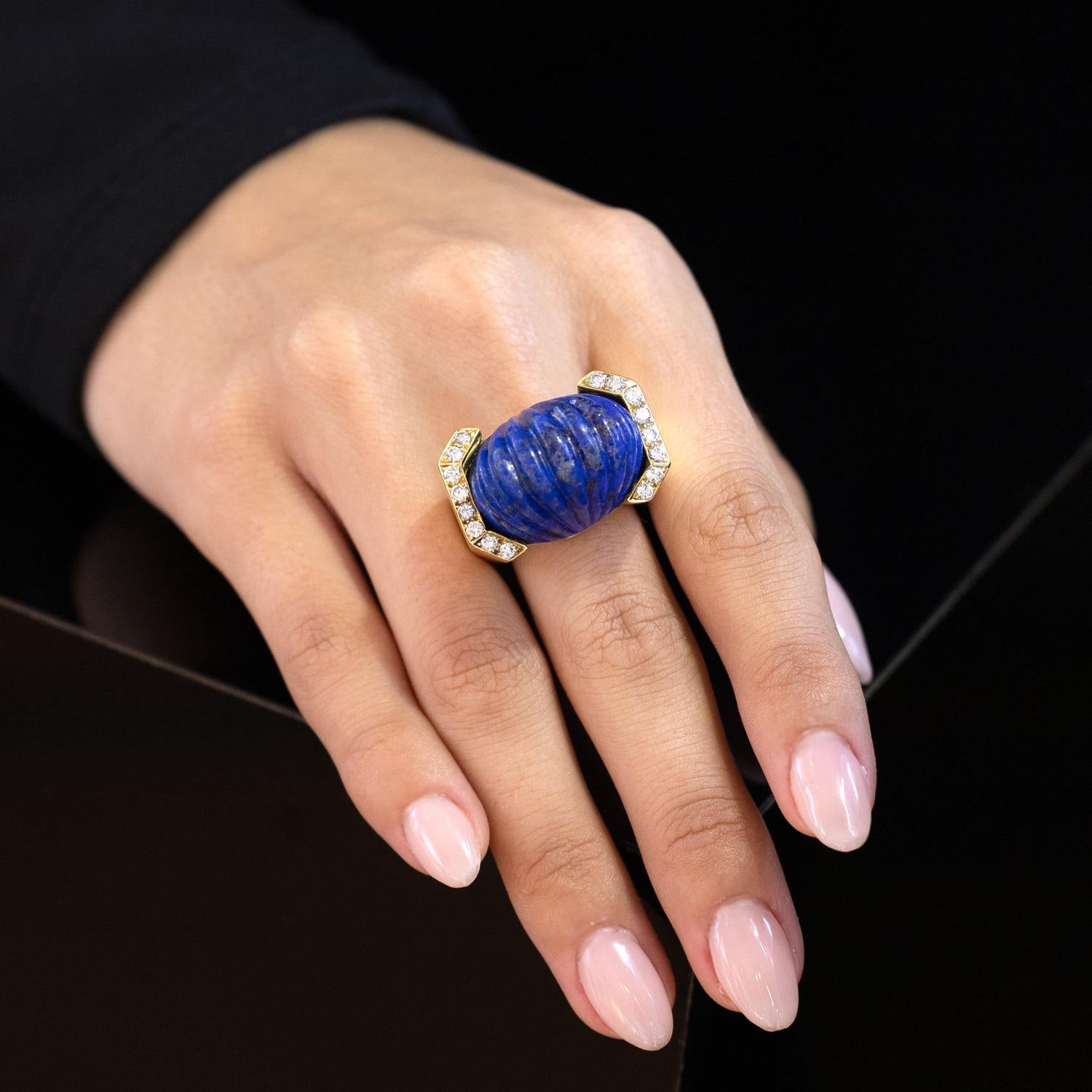 Vintage David Webb Carved Lapis & Diamond 18k Dome Ring