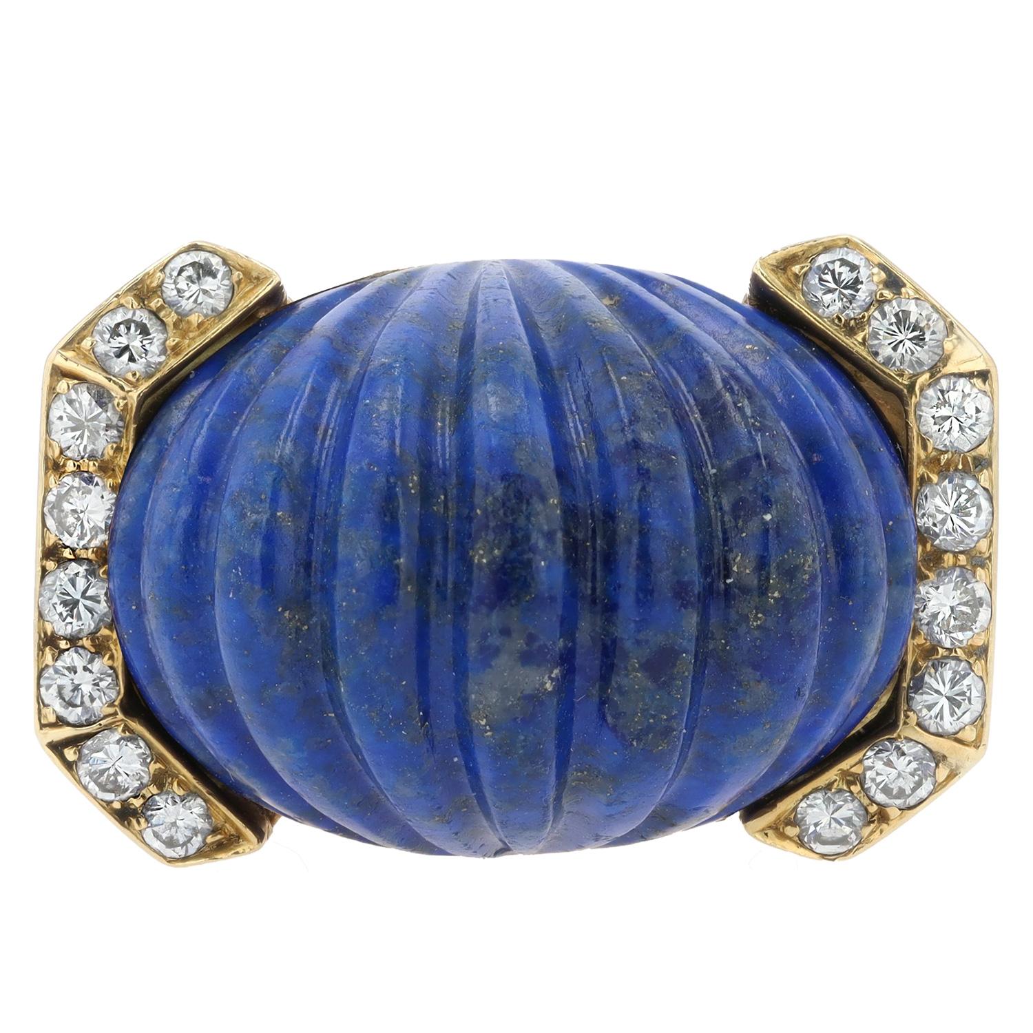 Vintage David Webb Carved Lapis & Diamond 18k Dome Ring