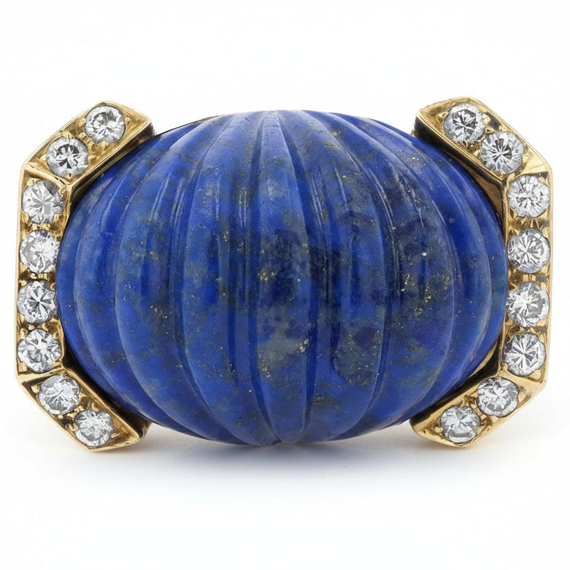 Vintage David Webb Carved Lapis & Diamond 18k Dome Ring
