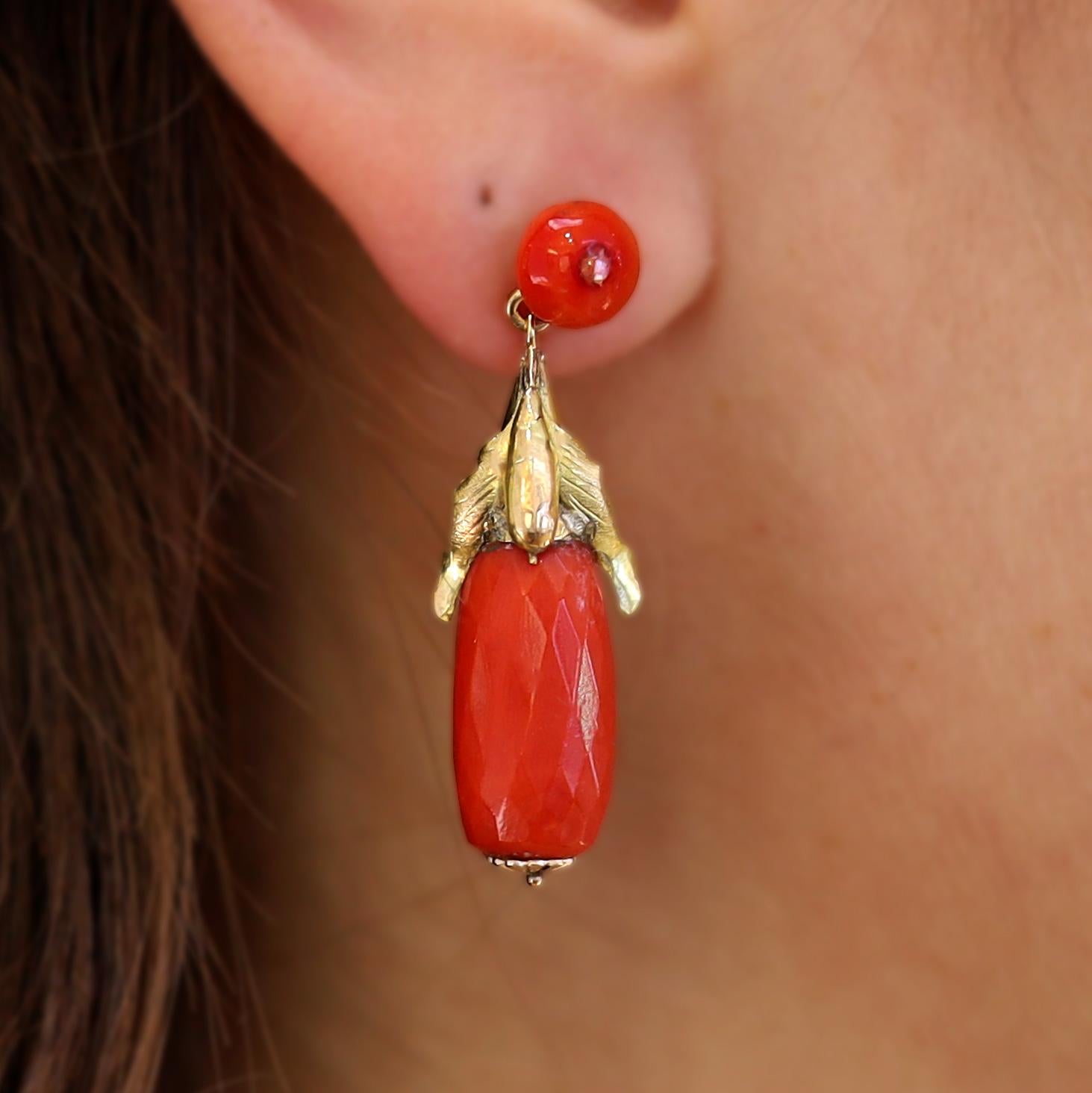 Art Nouveau Coral 18k Gold Bat Dangle Earrings