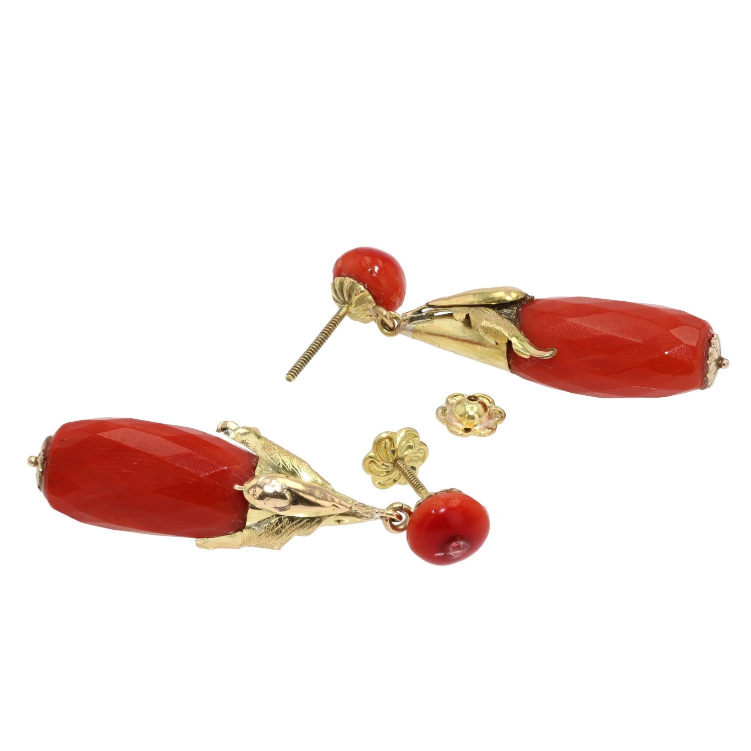Art Nouveau Coral 18k Gold Bat Dangle Earrings