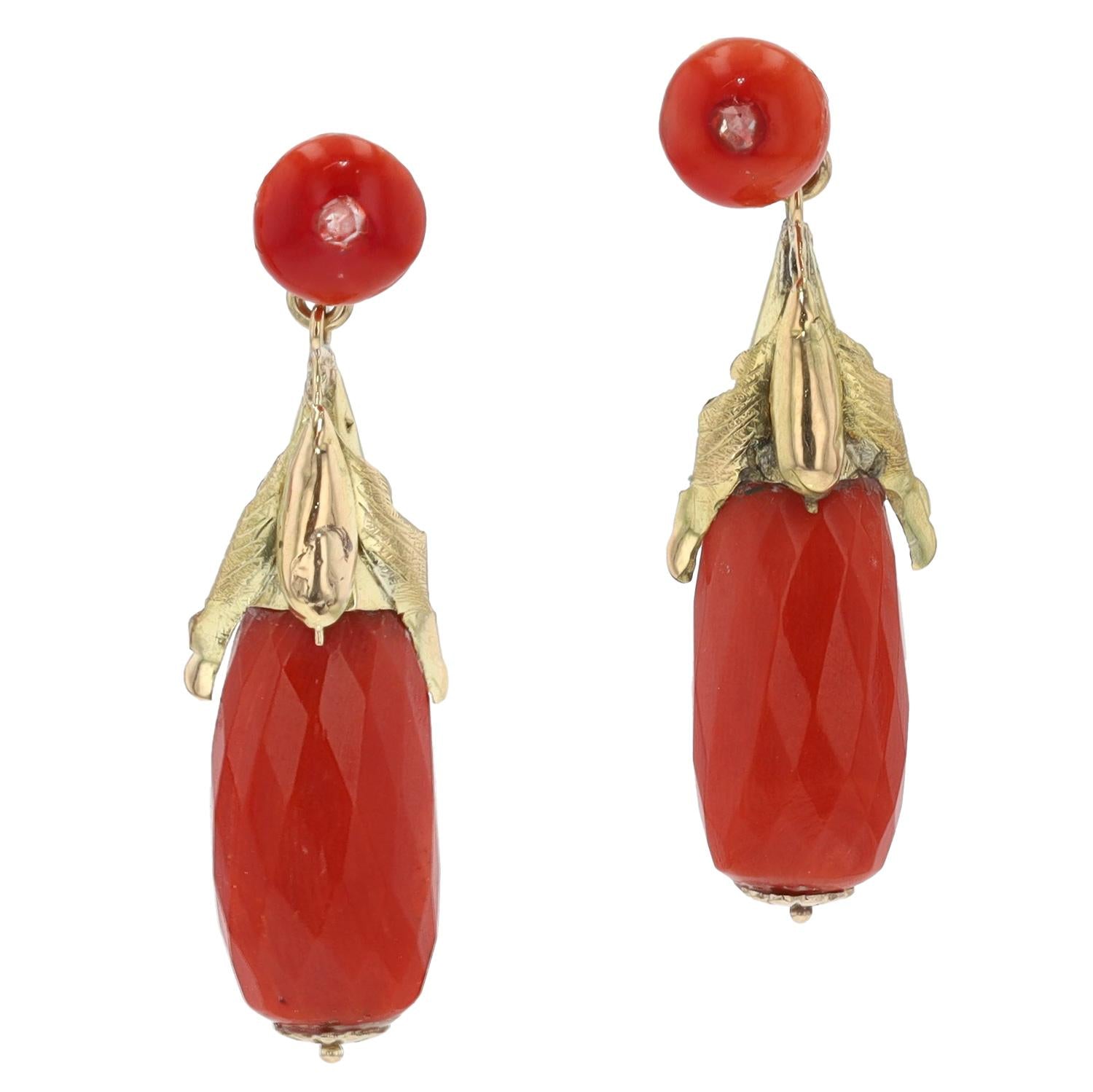Art Nouveau Coral 18k Gold Bat Dangle Earrings