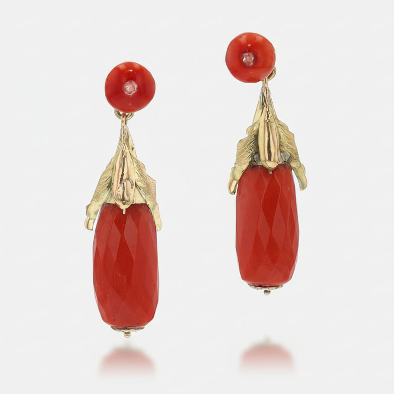 Art Nouveau Coral 18k Gold Bat Dangle Earrings