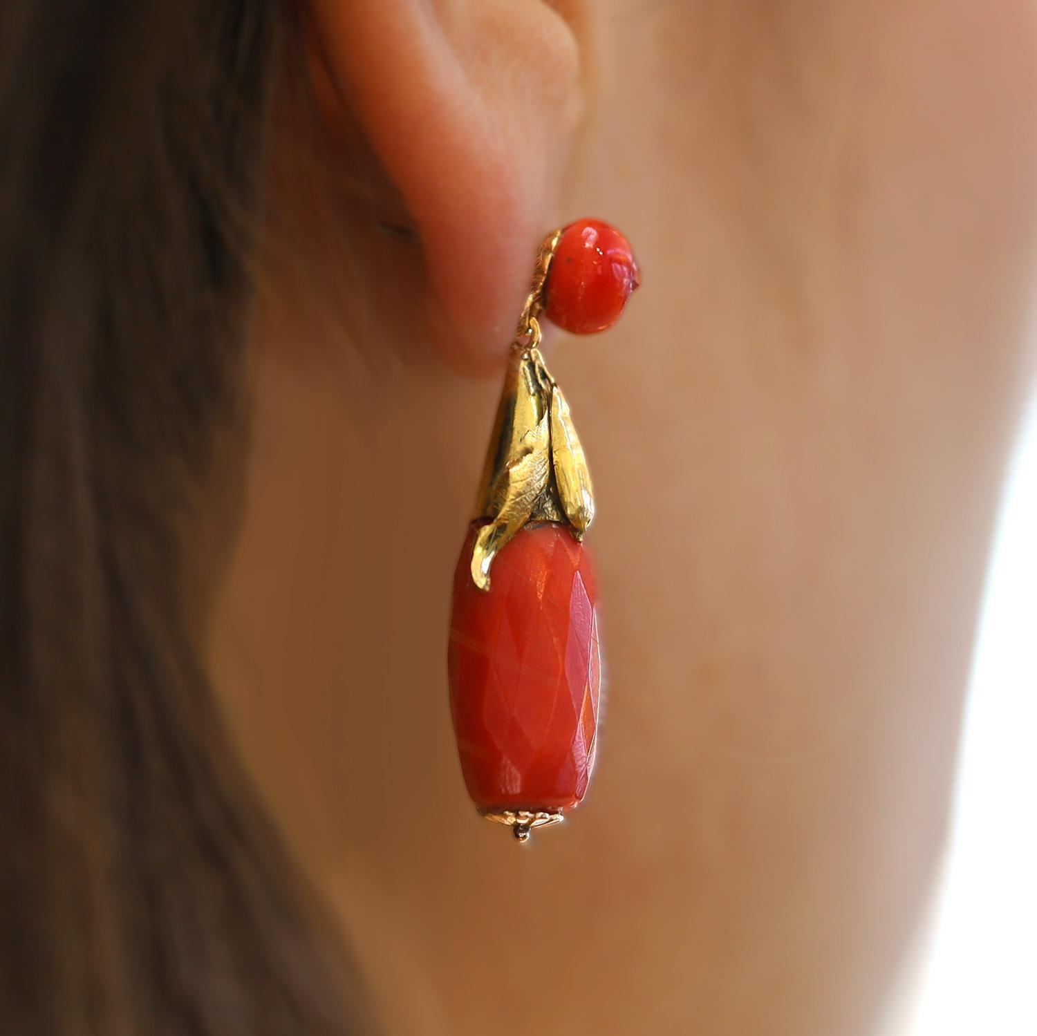 Art Nouveau Coral 18k Gold Bat Dangle Earrings