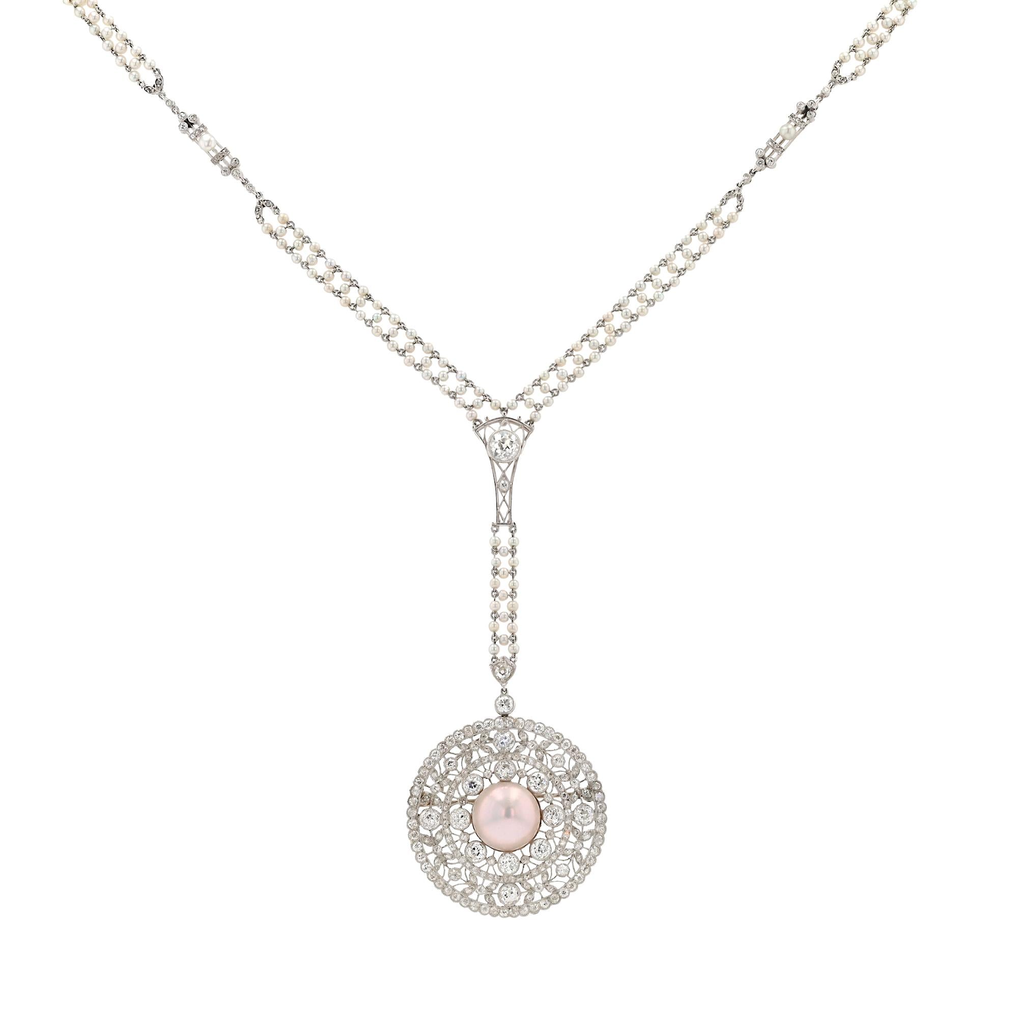 Edwardian 6 Carat Diamond & Pearl Platinum Sautoir Conversion Necklace