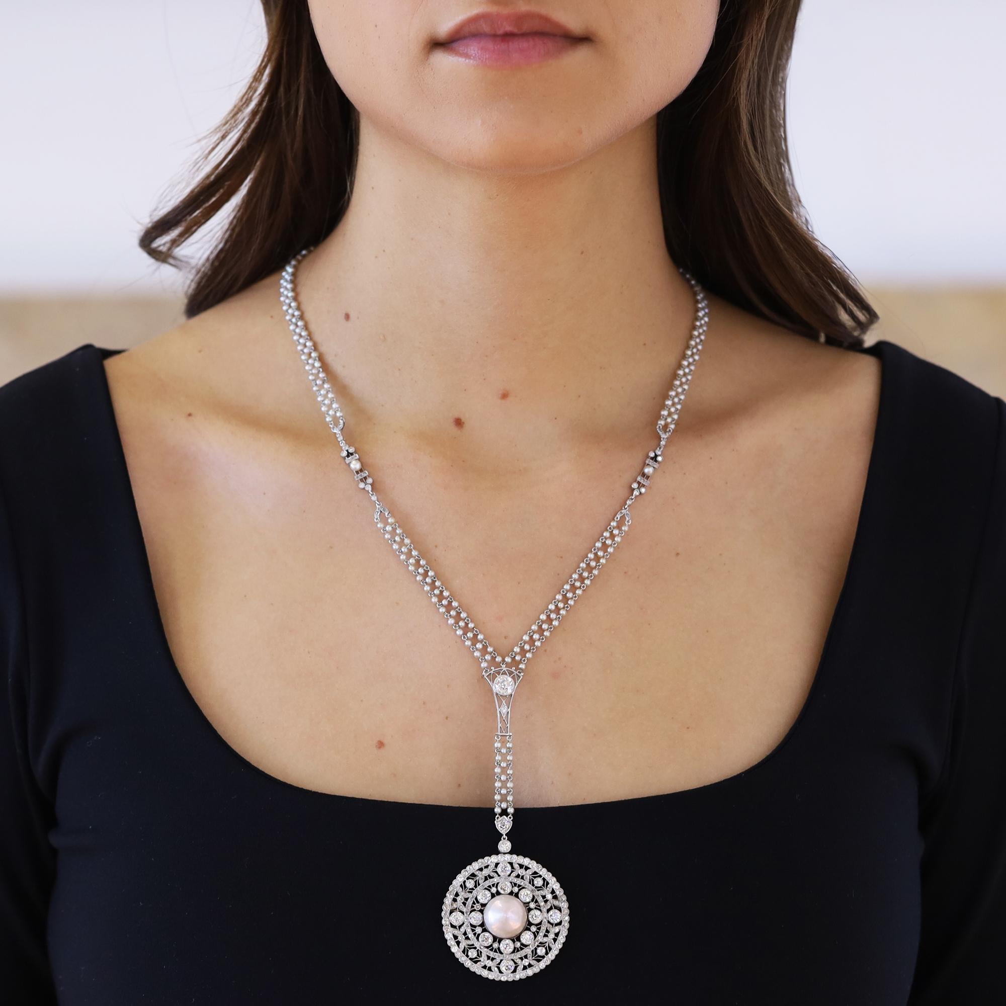 Edwardian 6 Carat Diamond & Pearl Platinum Sautoir Conversion Necklace