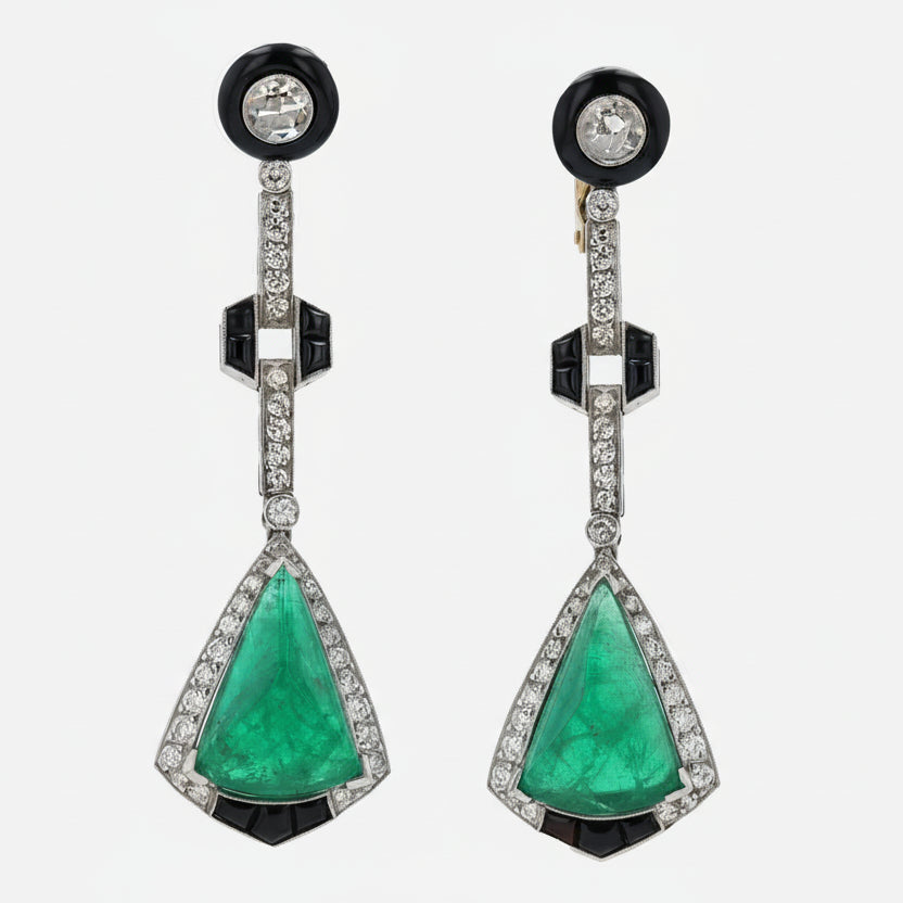 Dramatic Art Deco Emerald Diamond & Black Onyx Dangle Earrings