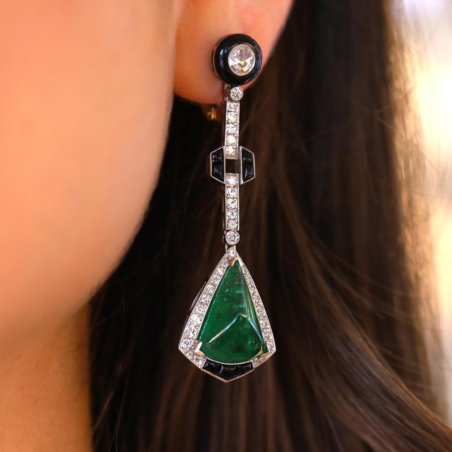 Dramatic Art Deco Emerald Diamond & Black Onyx Dangle Earrings