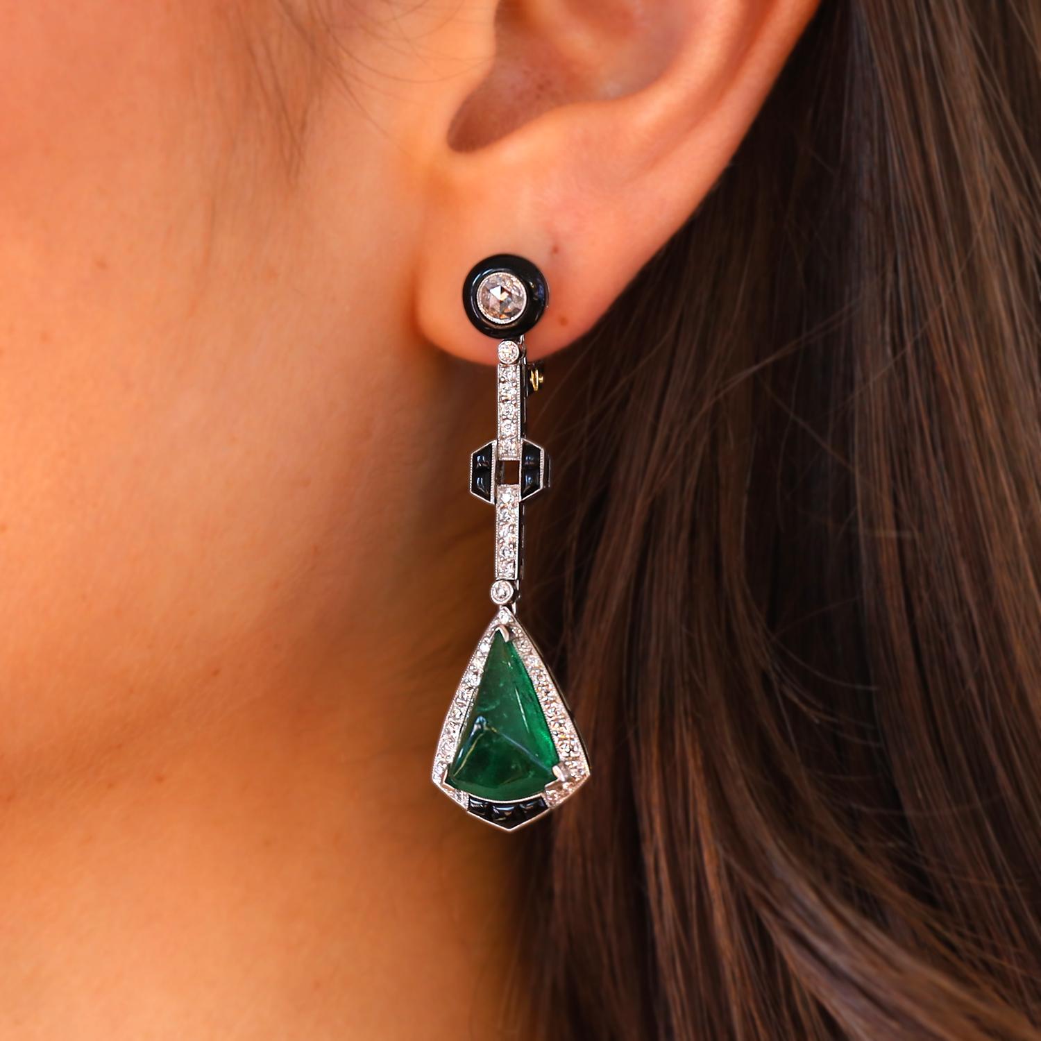 Dramatic Art Deco Emerald Diamond & Black Onyx Dangle Earrings