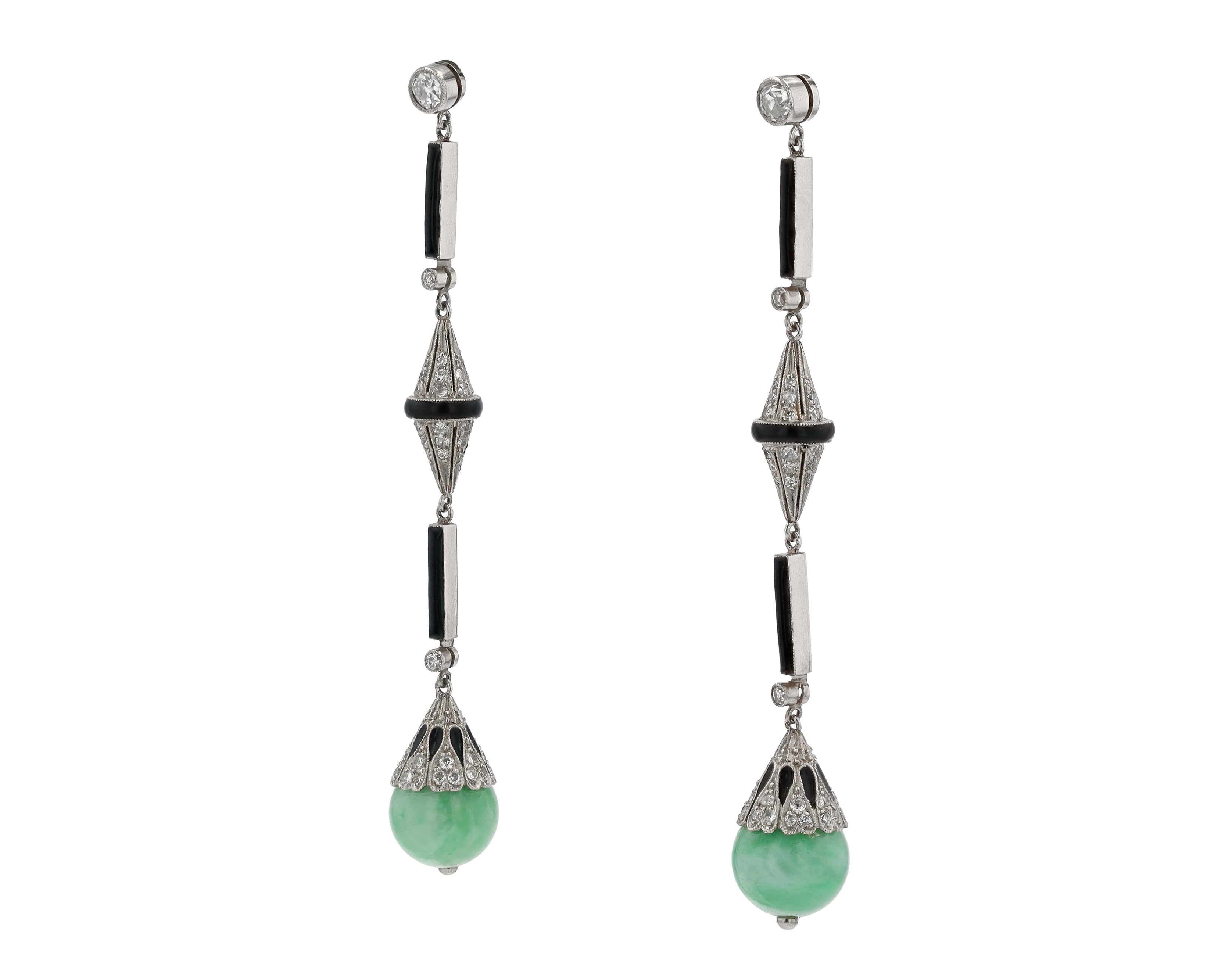 Antique Art Deco Jade Onyx & Diamond Long Dangle Earrings