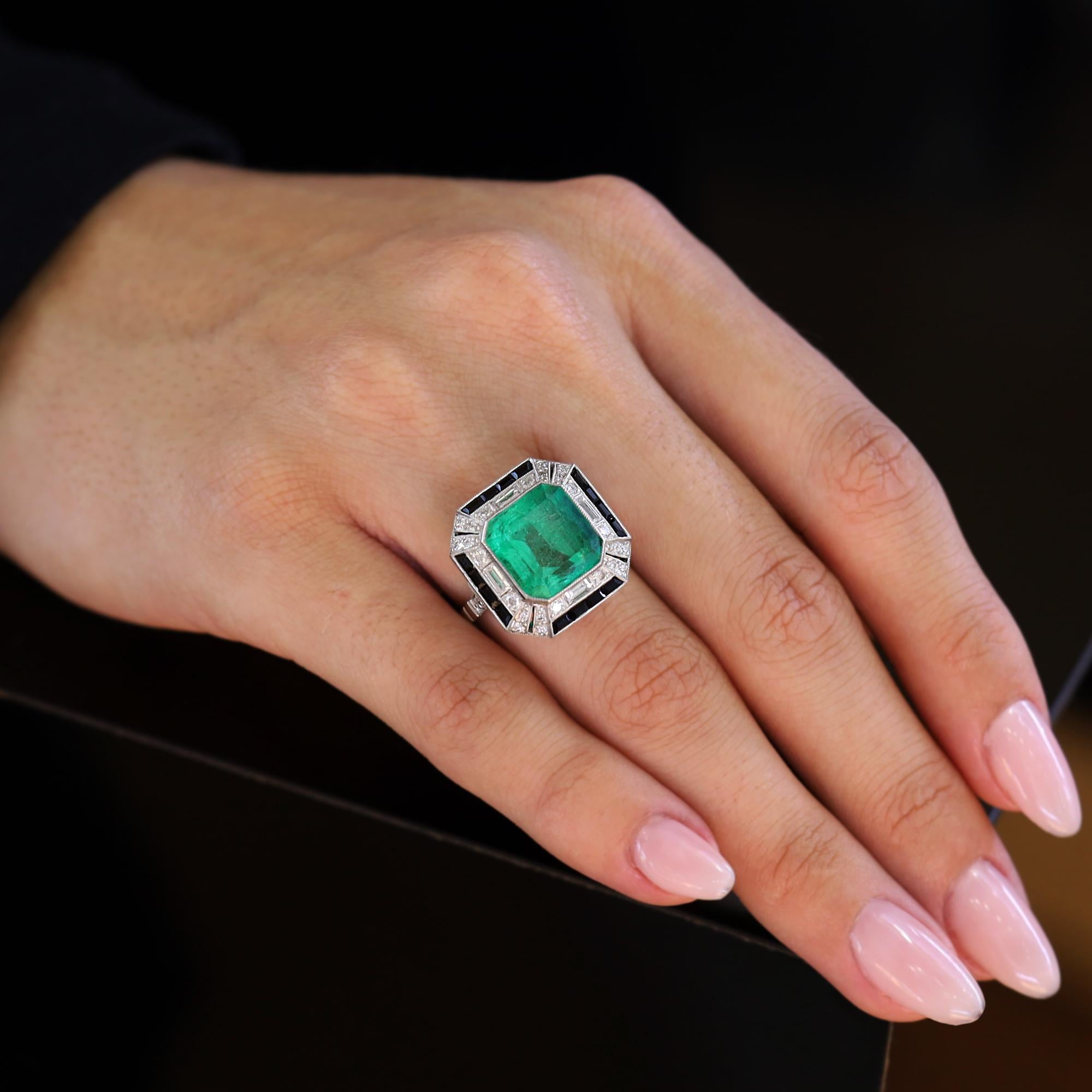 New GIA Certified 6.52 Carat Colombian Emerald Diamond & Onyx Art Deco Ring