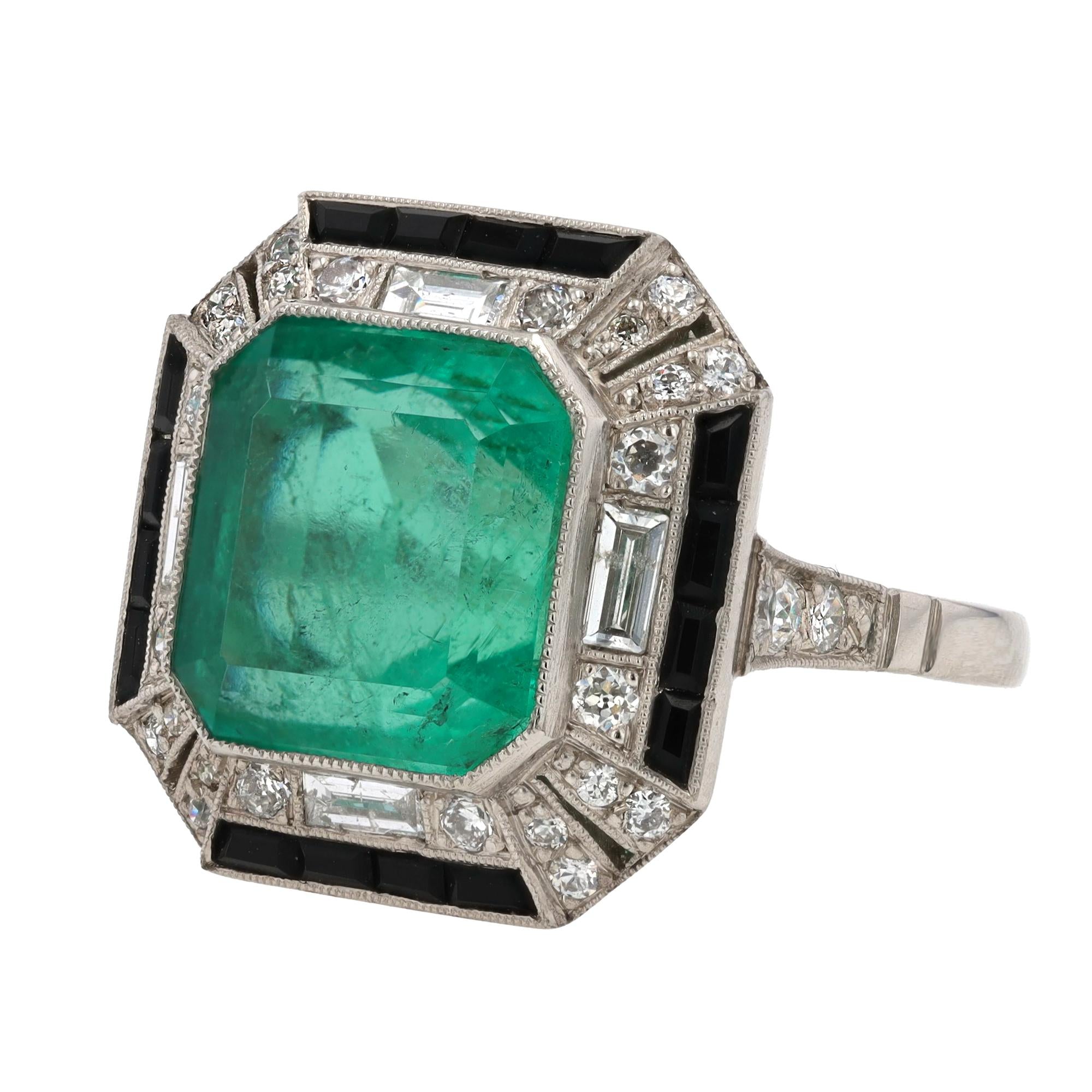 New GIA Certified 6.52 Carat Colombian Emerald Diamond & Onyx Art Deco Ring