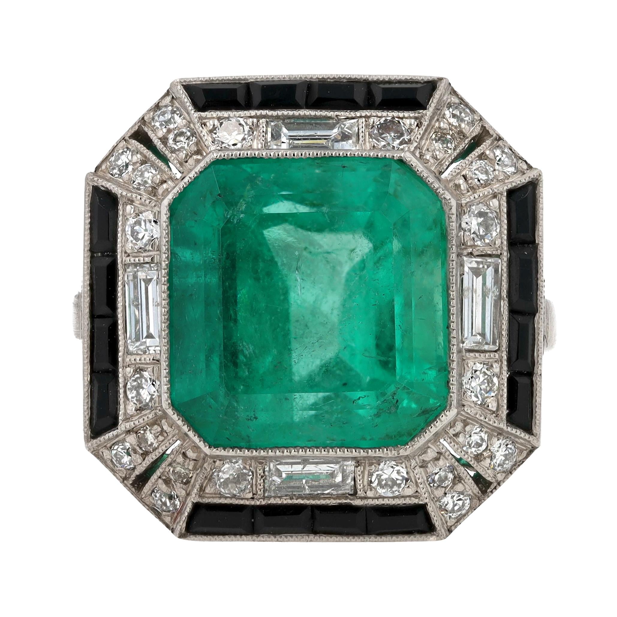 New GIA Certified 6.52 Carat Colombian Emerald Diamond & Onyx Art Deco Ring