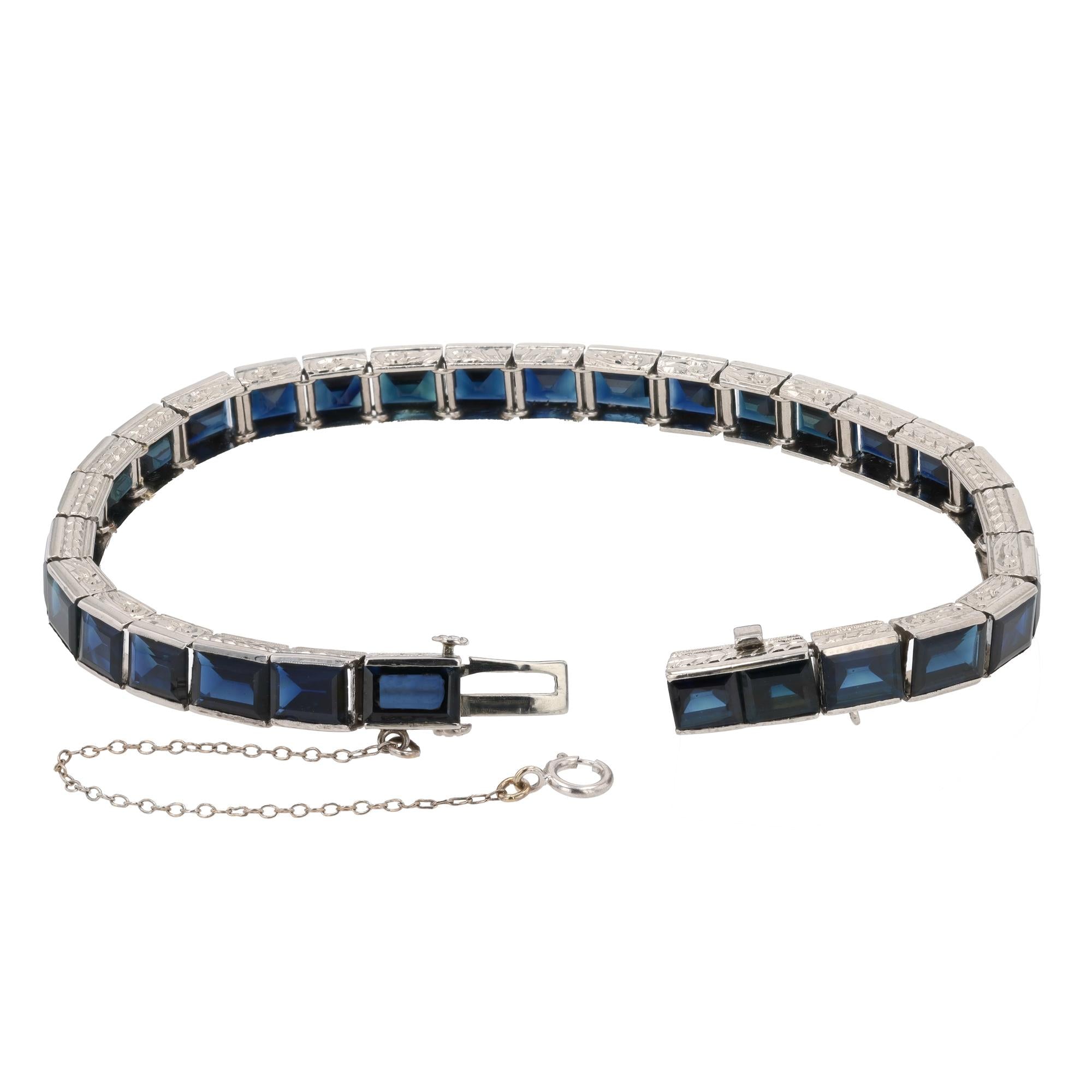 GIA Certified No Heat 25ctw Blue Sapphire Art Deco Platinum Line Bracelet