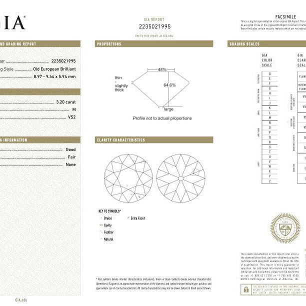 GIA Certified 3.20 Carat Old European Cut Diamond Edwardian Engagement Ring