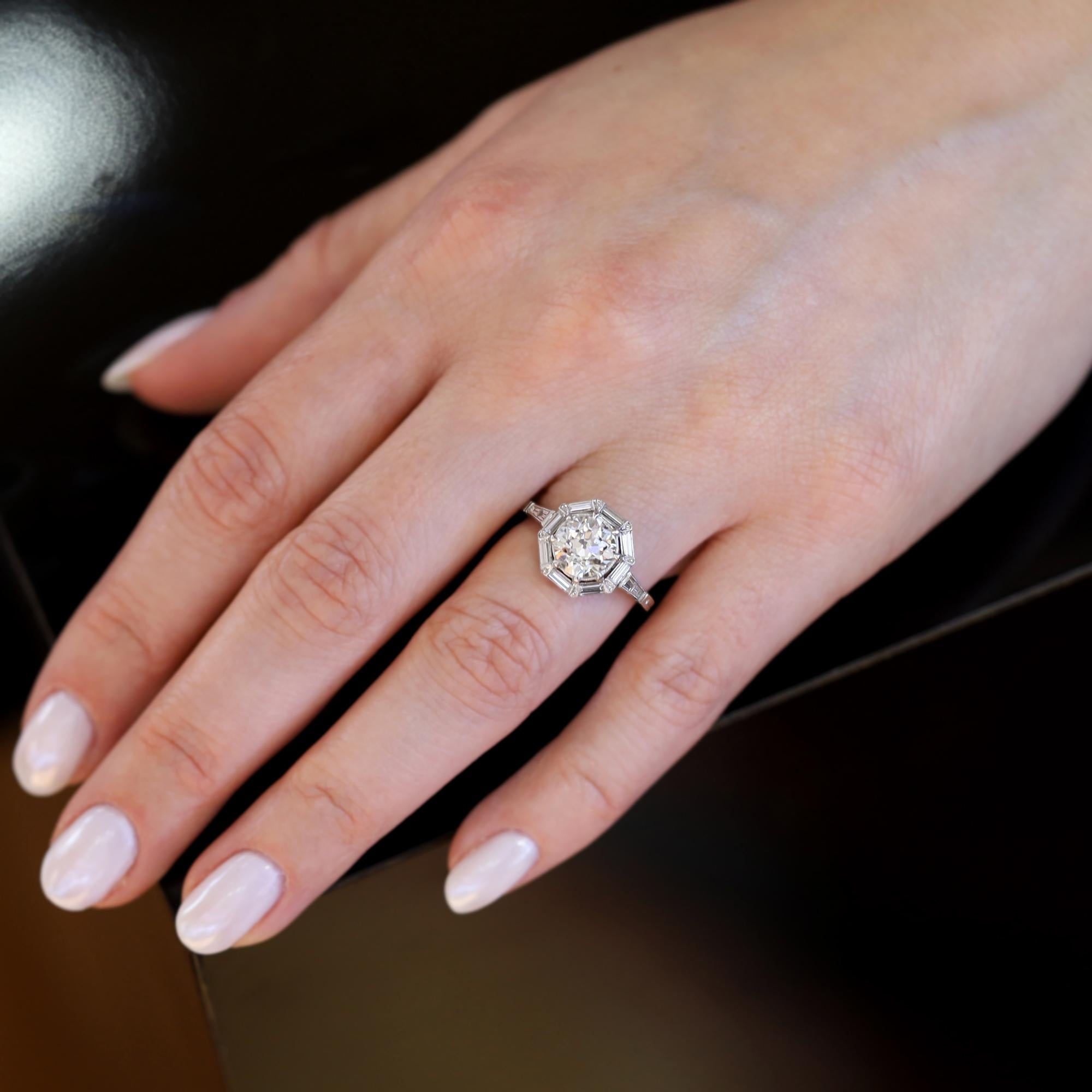 Art Deco Antique 1.79 Carat Old Mine Cut Diamond Geometric Engagement Ring