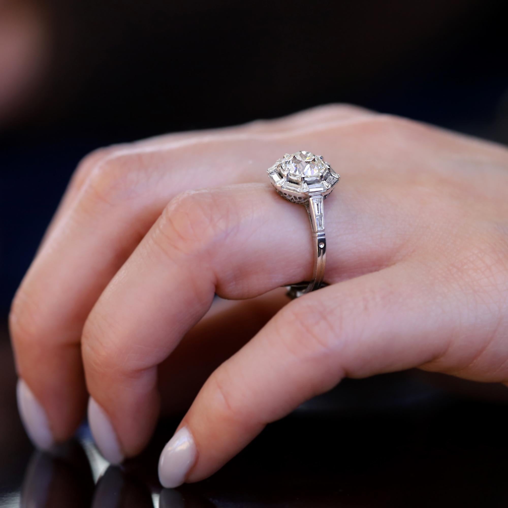 Art Deco Antique 1.79 Carat Old Mine Cut Diamond Geometric Engagement Ring