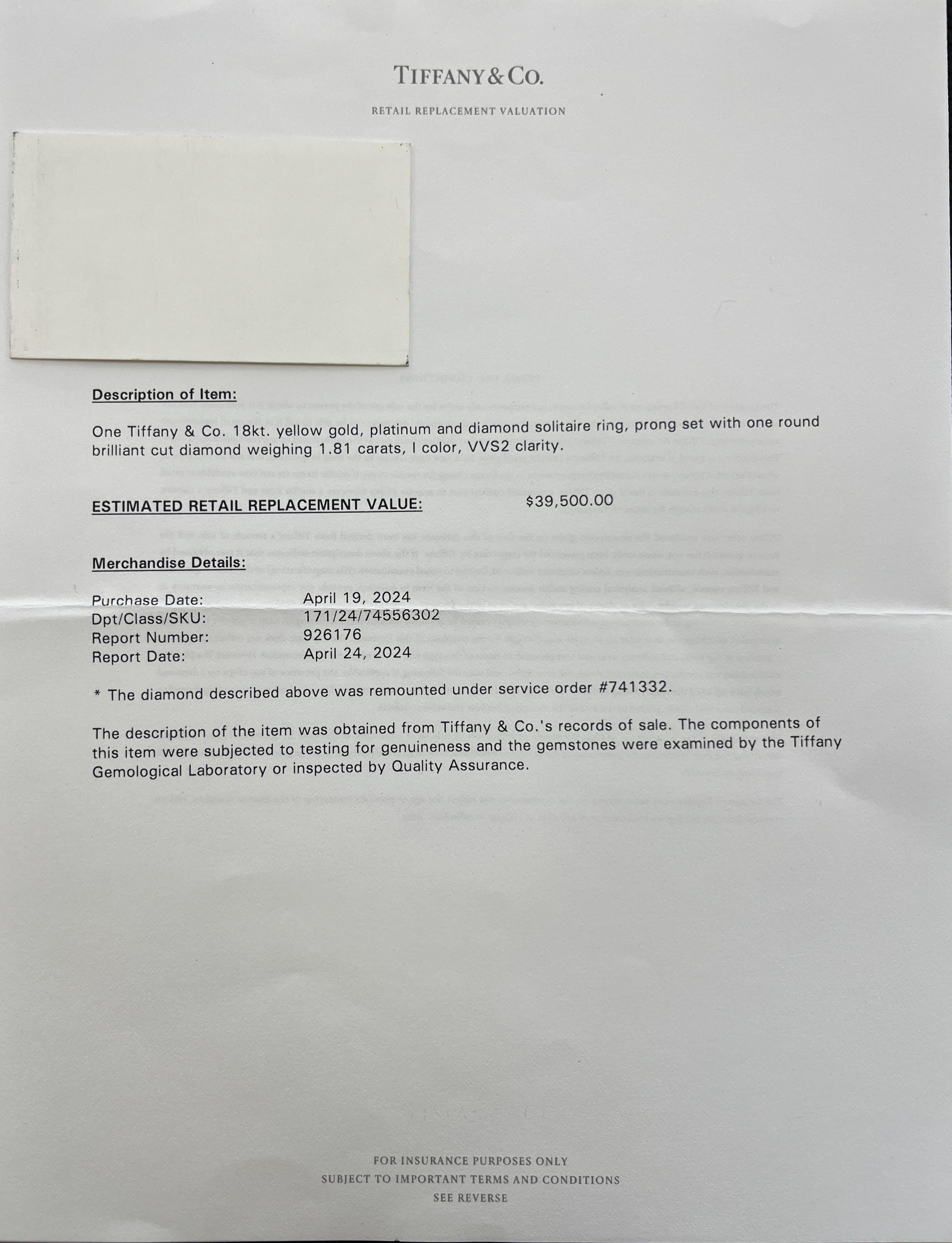 Tiffany & Co 1.81 Carat I/VVS2 Round Brilliant Diamond Engagement Ring