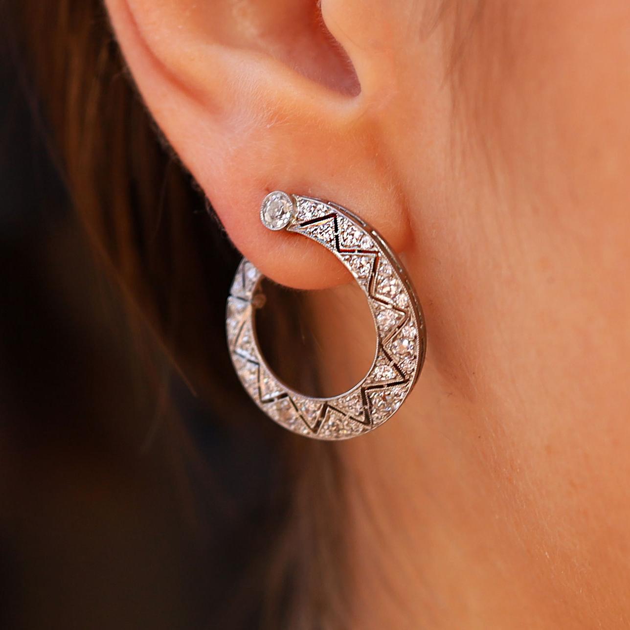 Chic Front Facing Diamond & Platinum Art Deco Hoop Earrings
