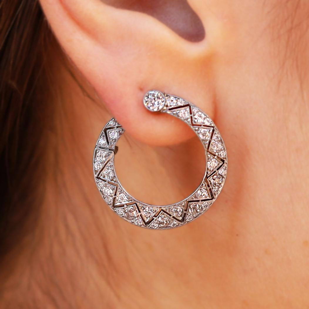 Chic Front Facing Diamond & Platinum Art Deco Hoop Earrings