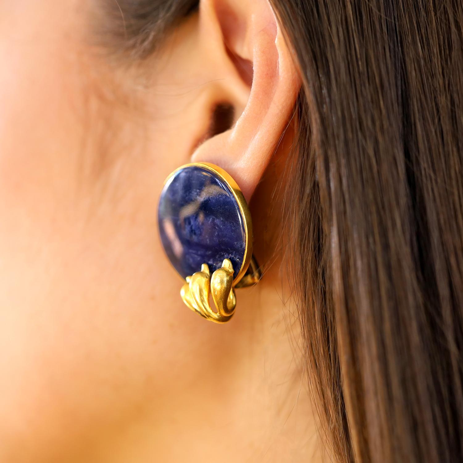 Ilias Lalaounis Dramatic 18k Gold Sodalite Swan Earrings