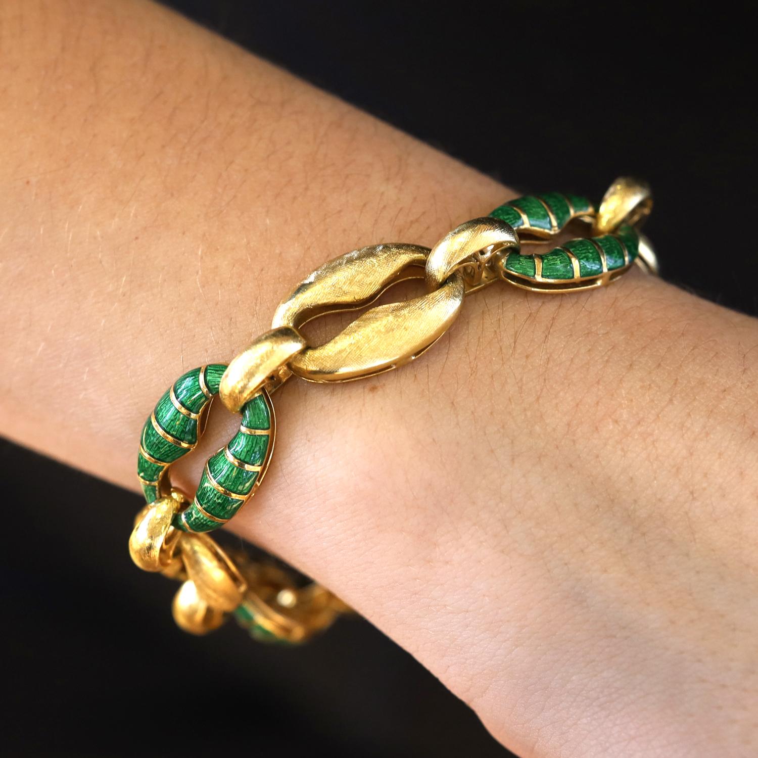 Retro Italian 18k Gold and Enamel Heavy Link Bracelet