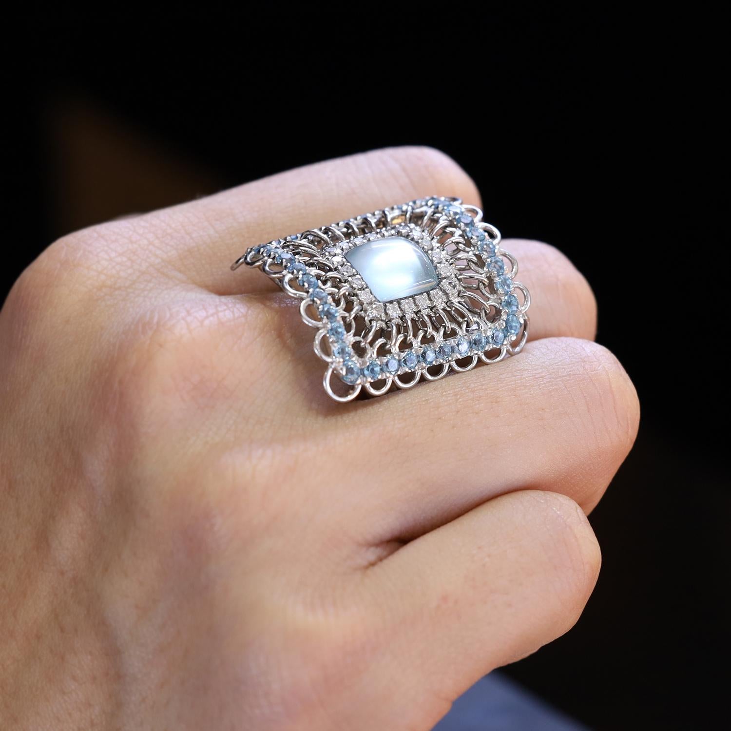 Garavelli Aquamarine & Diamond 18k White Gold Shield Cocktail Ring