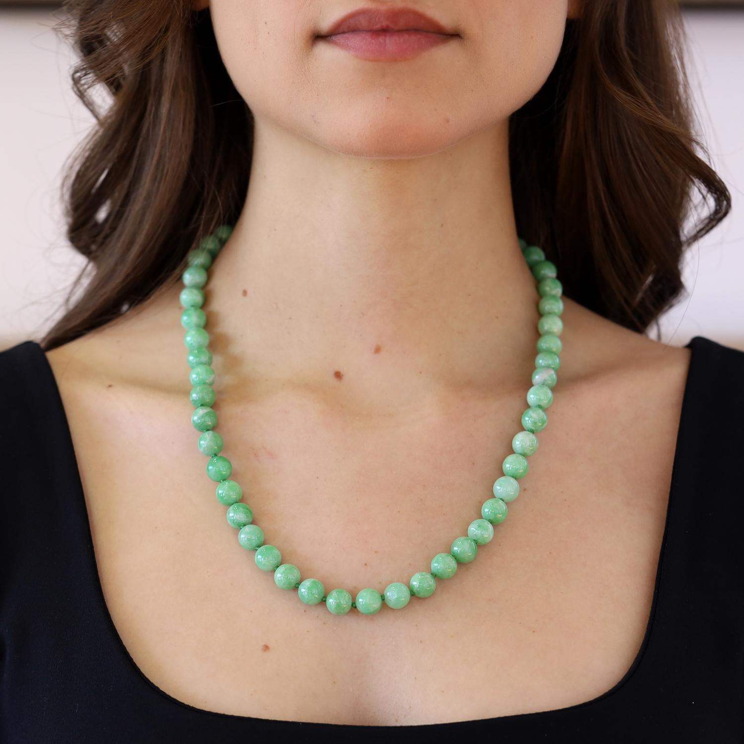 Vintage Untreated Jade Beads and Diamond Clasp Necklace