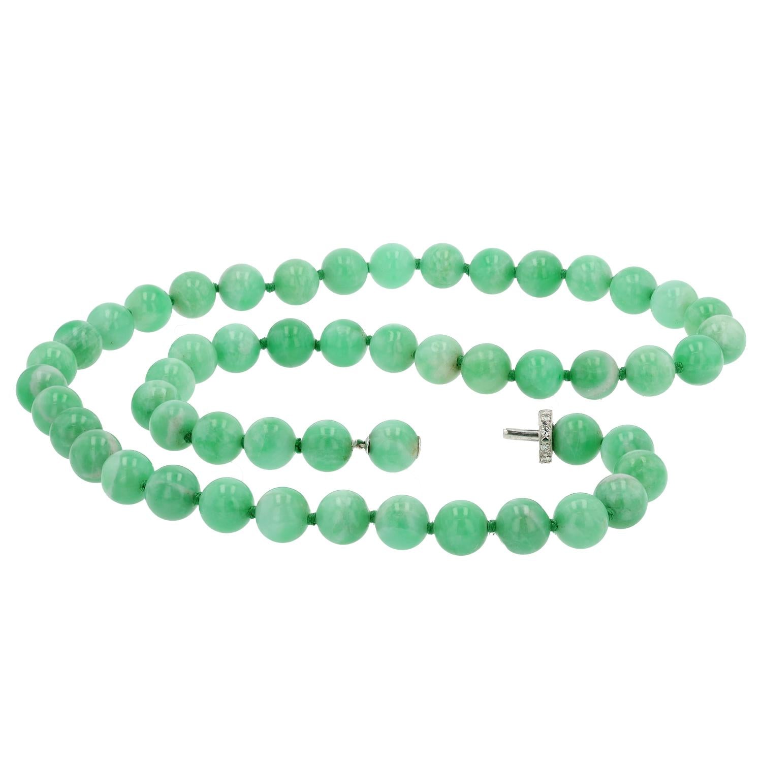 Vintage Untreated Jade Beads and Diamond Clasp Necklace