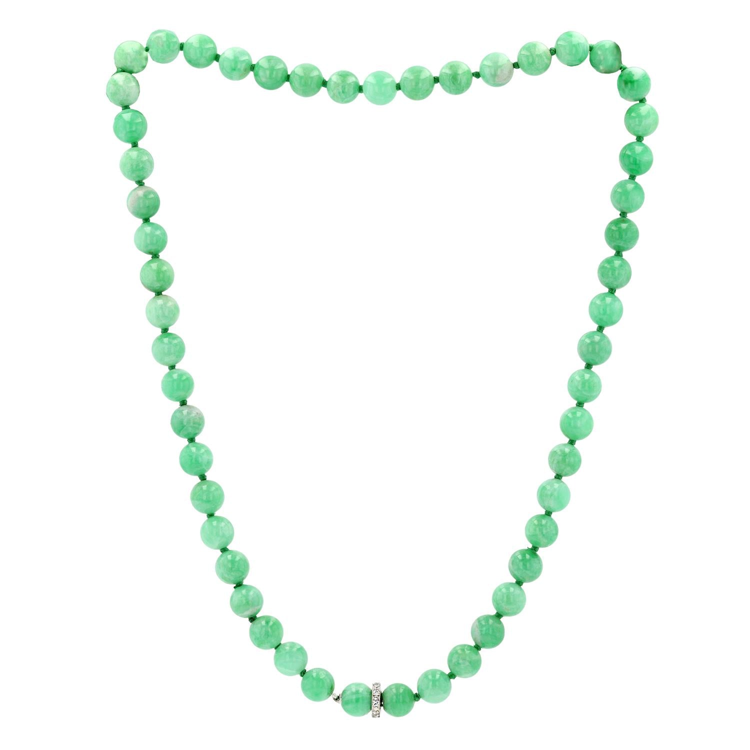 Vintage Untreated Jade Beads and Diamond Clasp Necklace