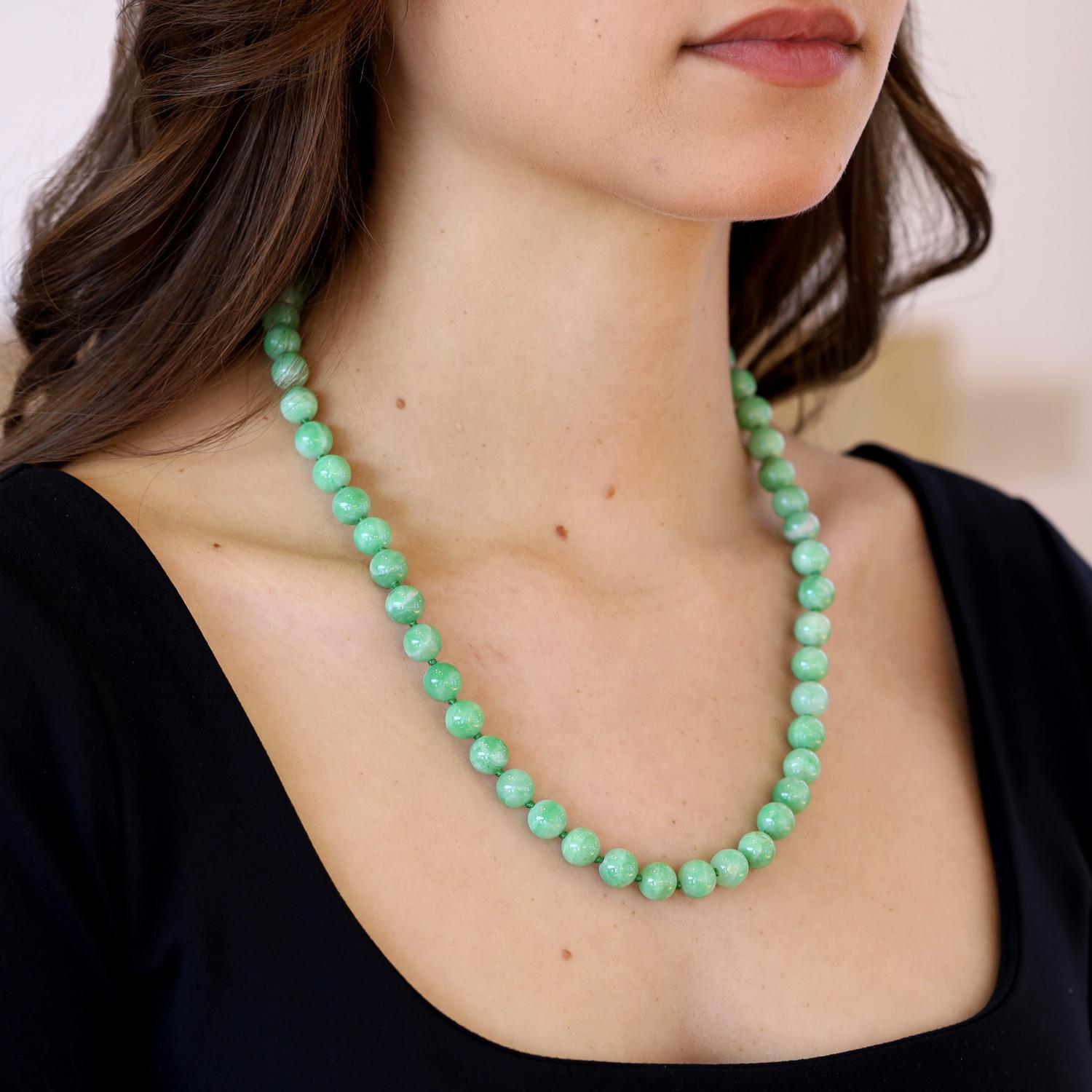 Vintage Untreated Jade Beads and Diamond Clasp Necklace