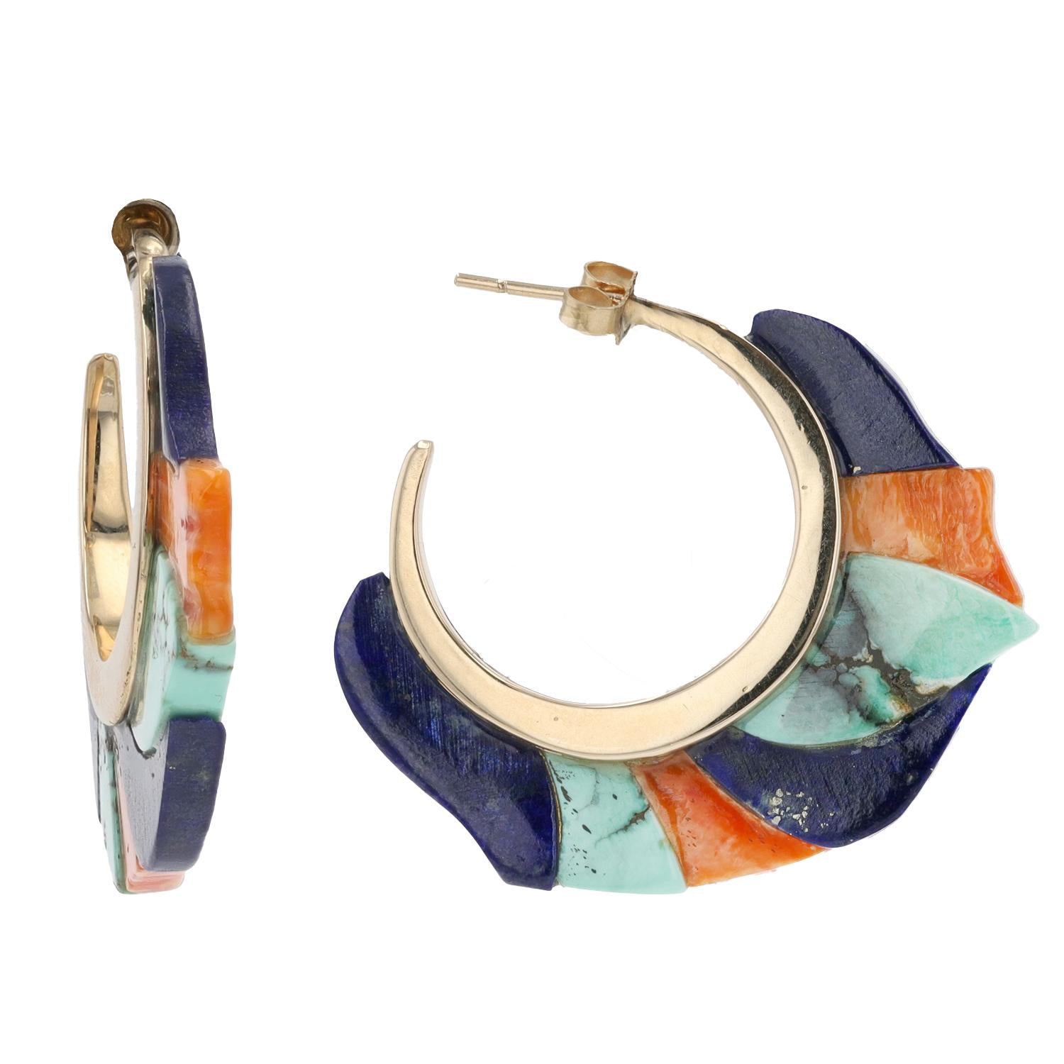 Vintage Native American Lapis Lazuli Turquoise & Spiny Oyster Hoop Earrings