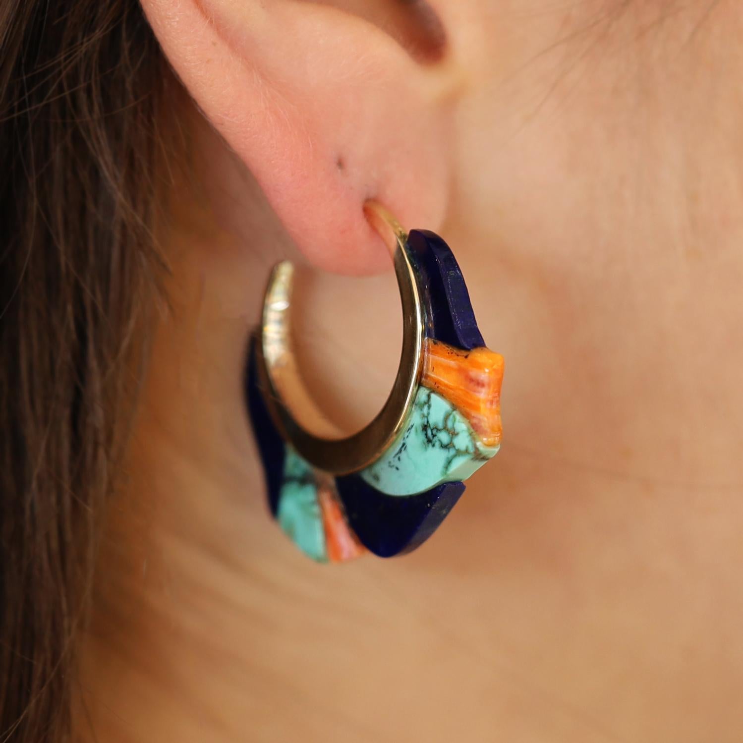 Vintage Native American Lapis Lazuli Turquoise & Spiny Oyster Hoop Earrings