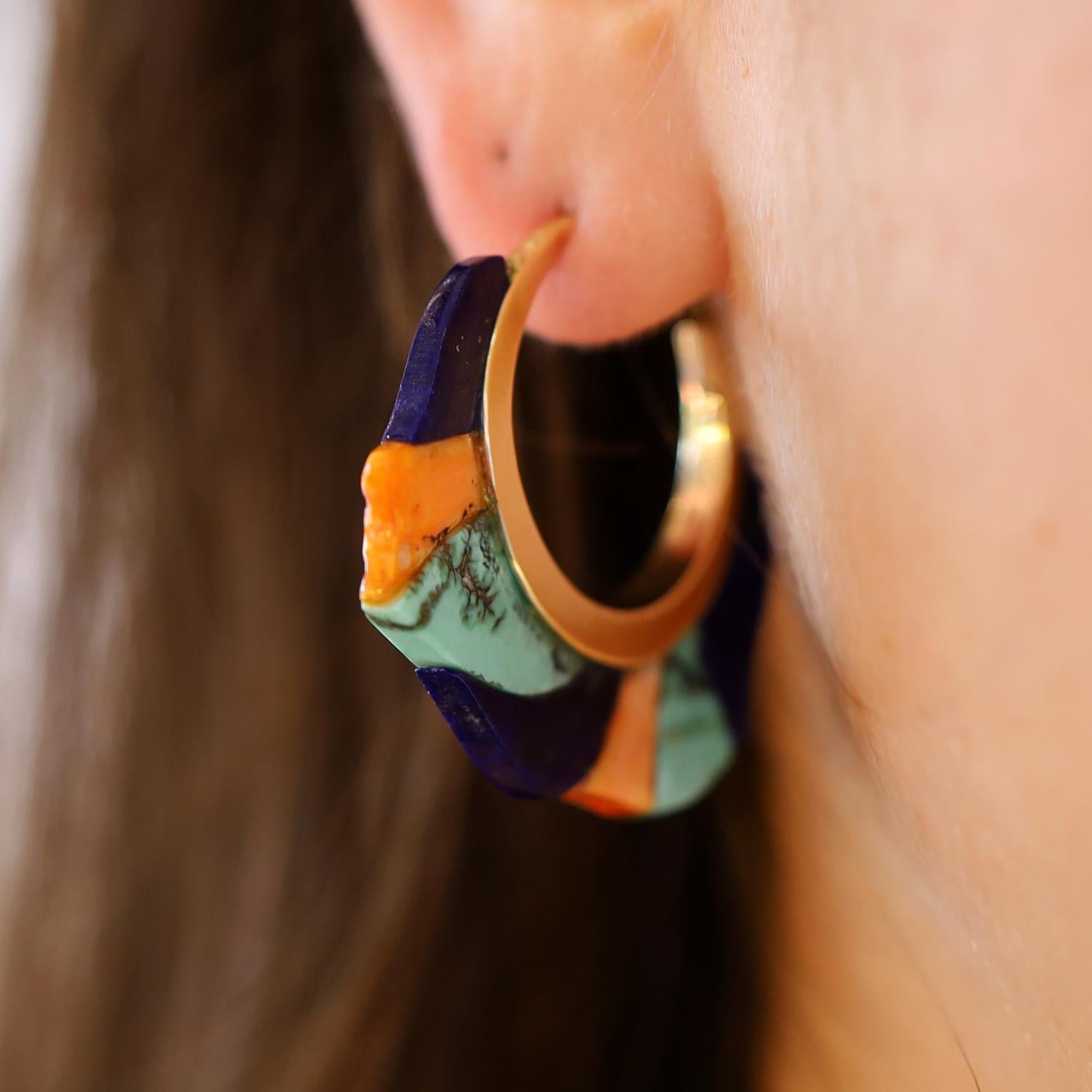 Vintage Native American Lapis Lazuli Turquoise & Spiny Oyster Hoop Earrings