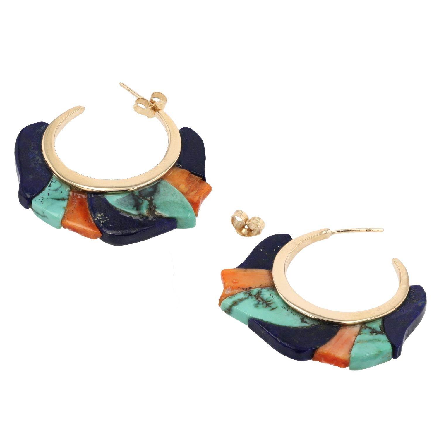 Vintage Native American Lapis Lazuli Turquoise & Spiny Oyster Hoop Earrings