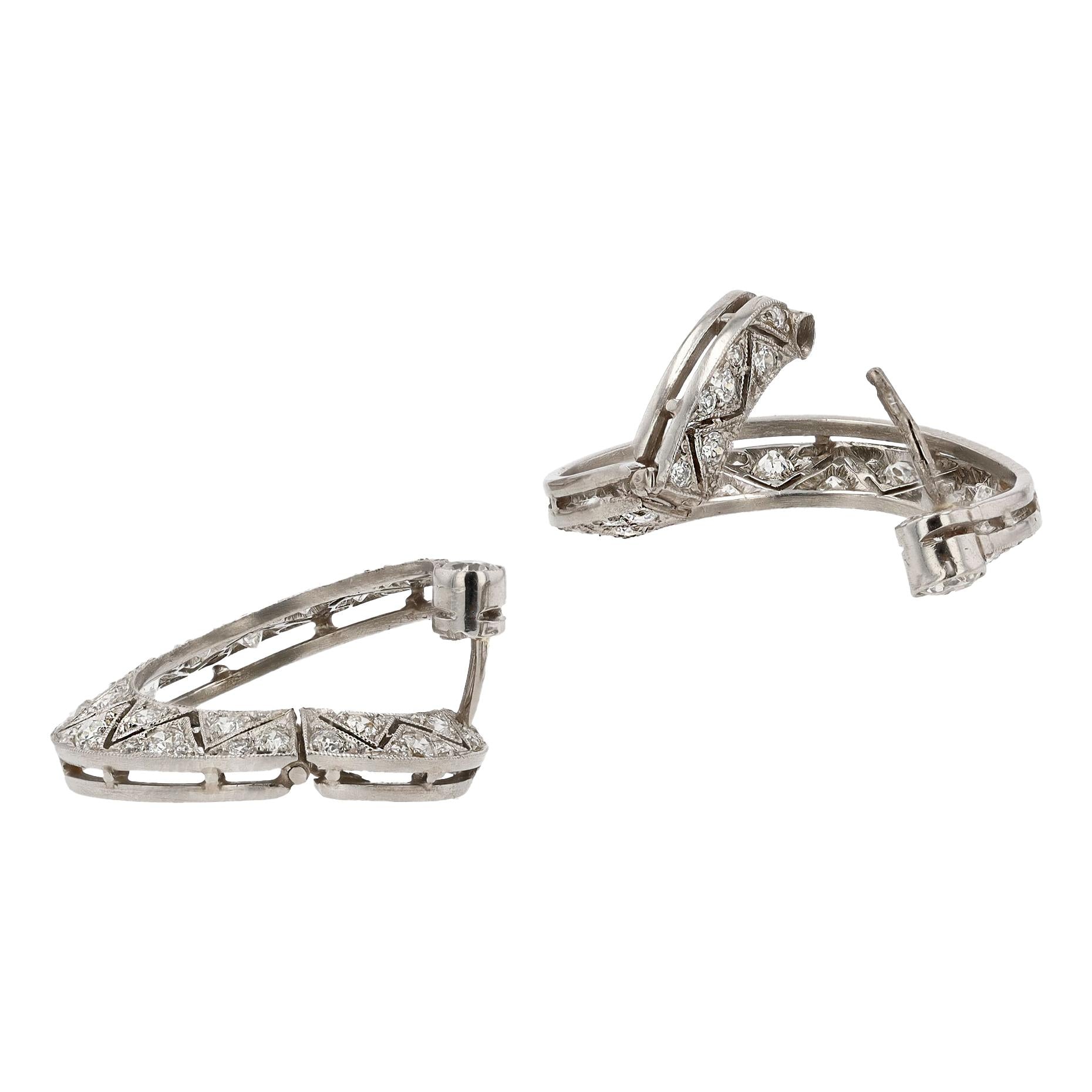 Chic Front Facing Diamond & Platinum Art Deco Hoop Earrings